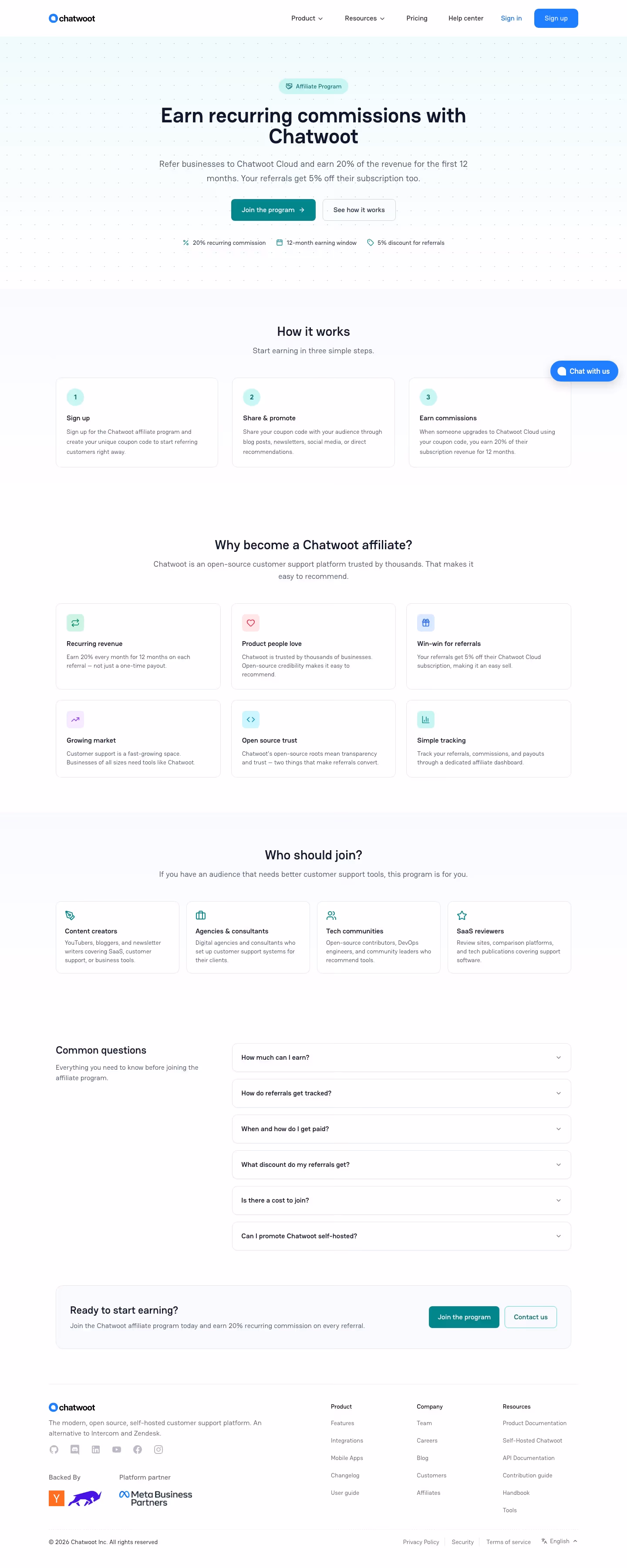 Chatwoot affiliate page design — Sales & Support