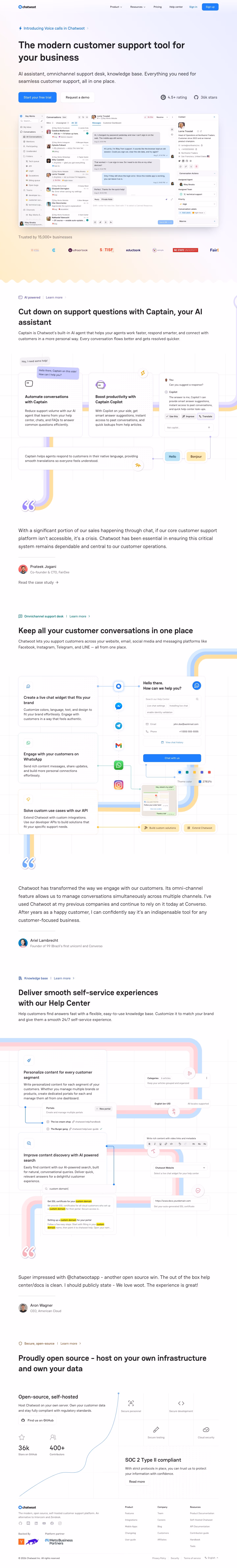 Chatwoot landing page design — Sales & Support