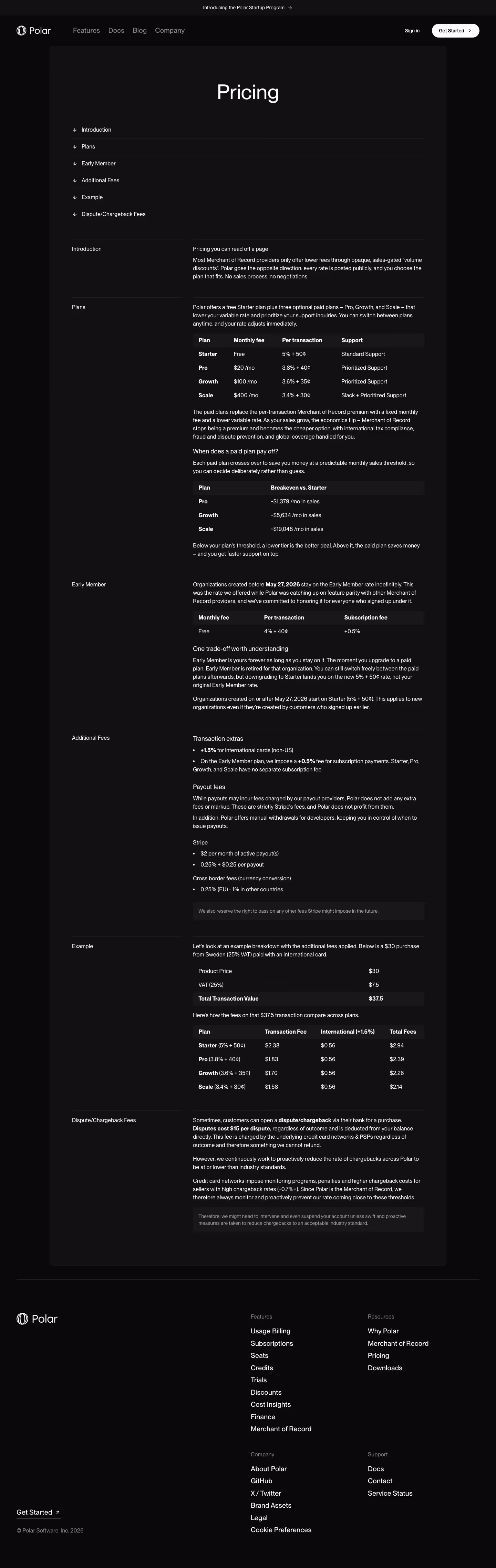 Polar Pricing & Plans section design