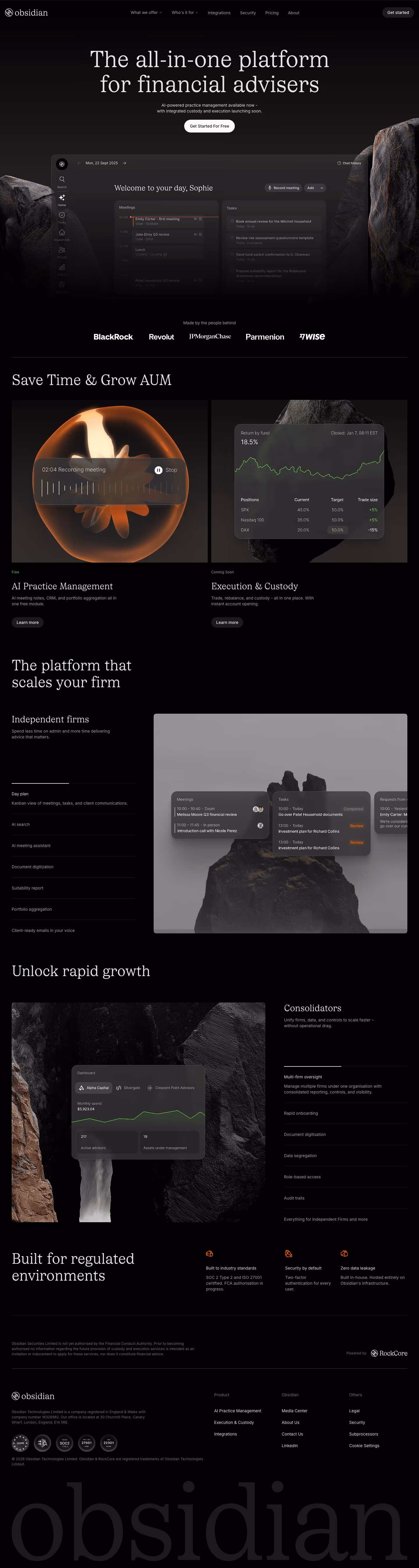 Obsidianos landing page design — Finance