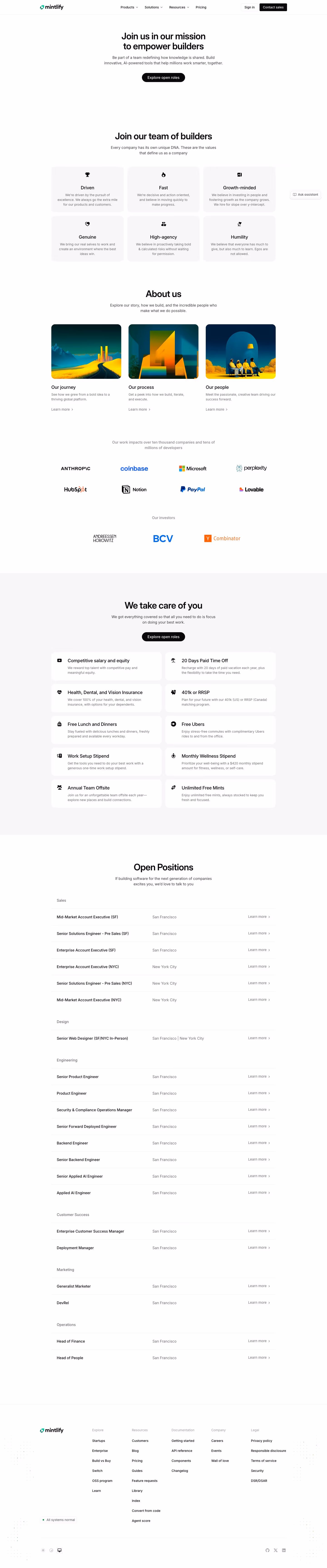 Mintlify Careers pages section design