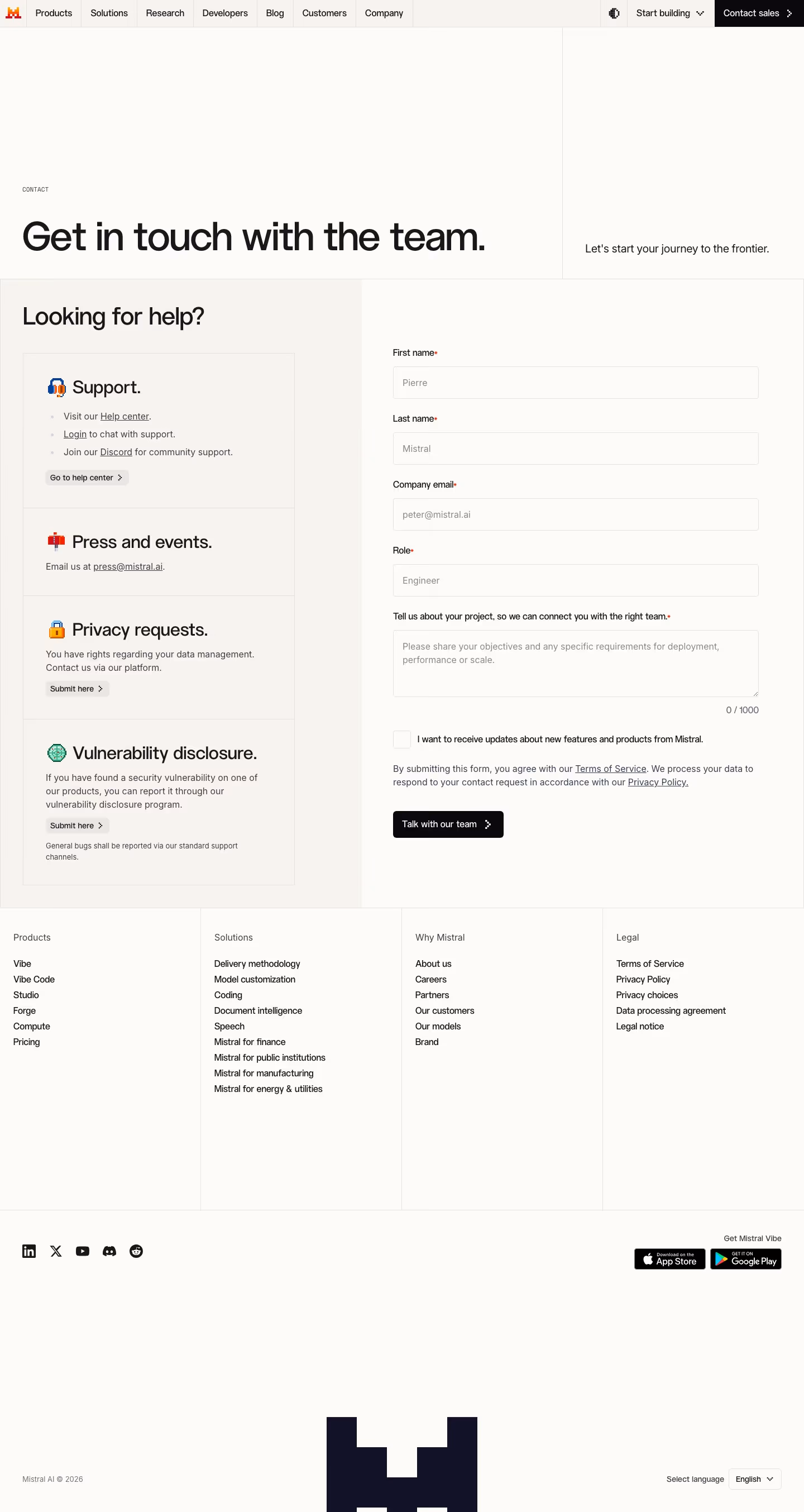 Mistral contact us design — AI