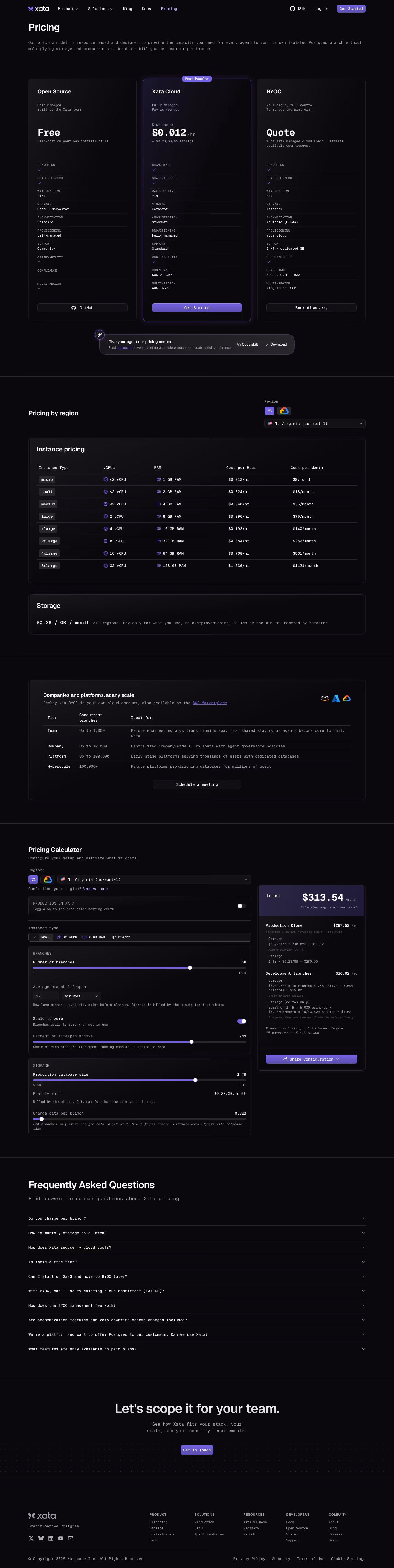 Xata Pricing & Plans section design