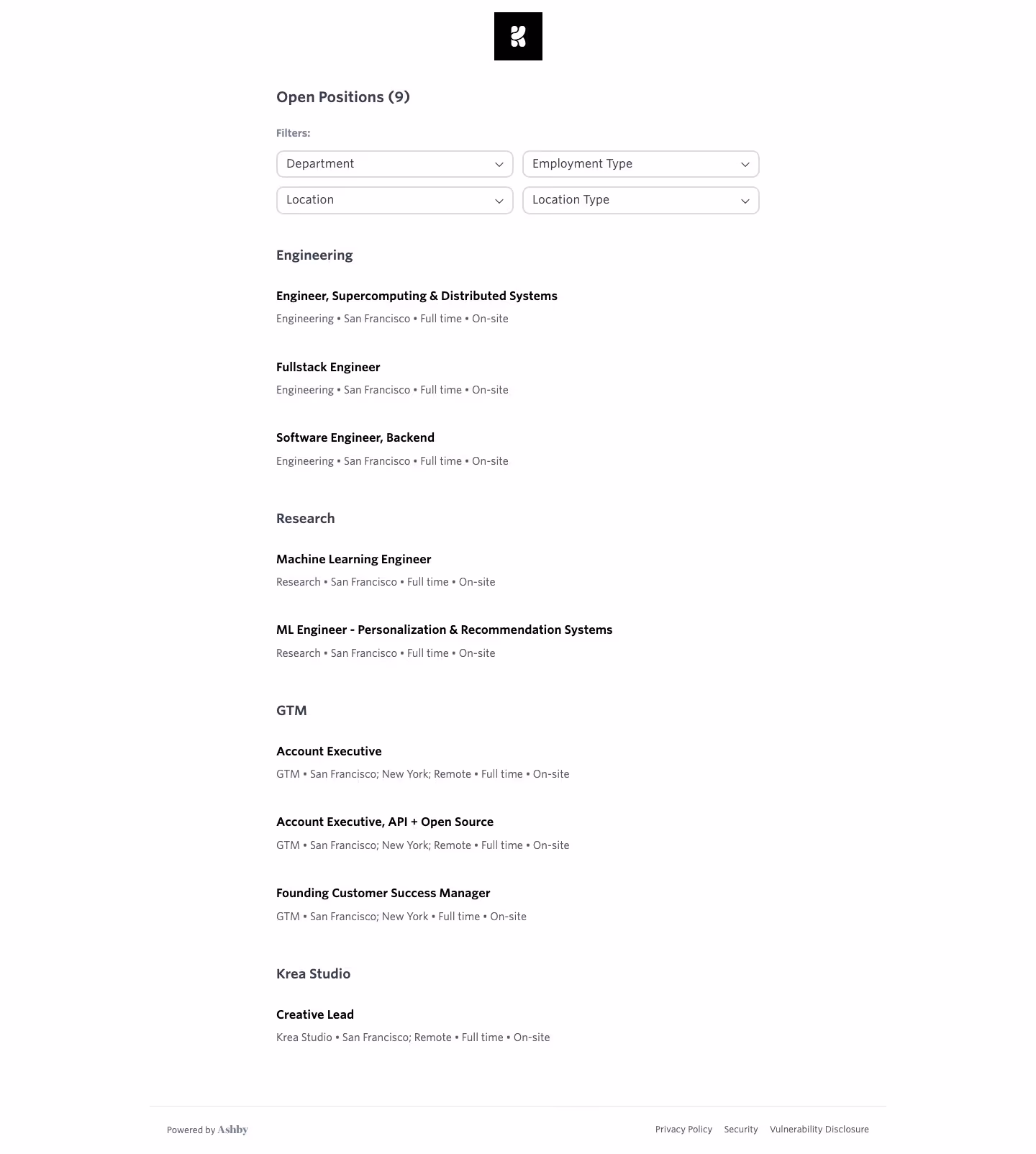 Krea Careers pages section design