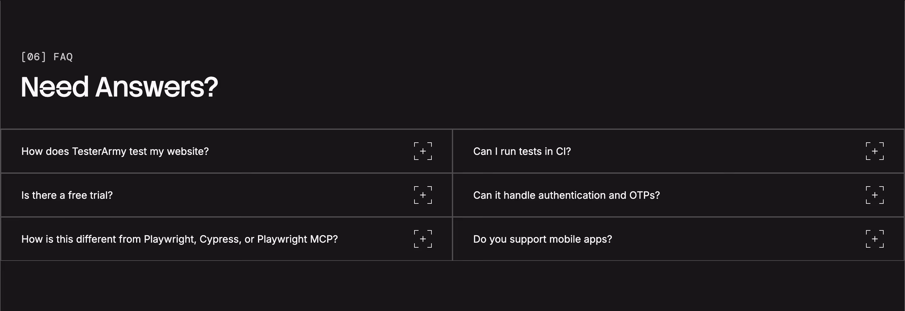 Tester FAQs section design