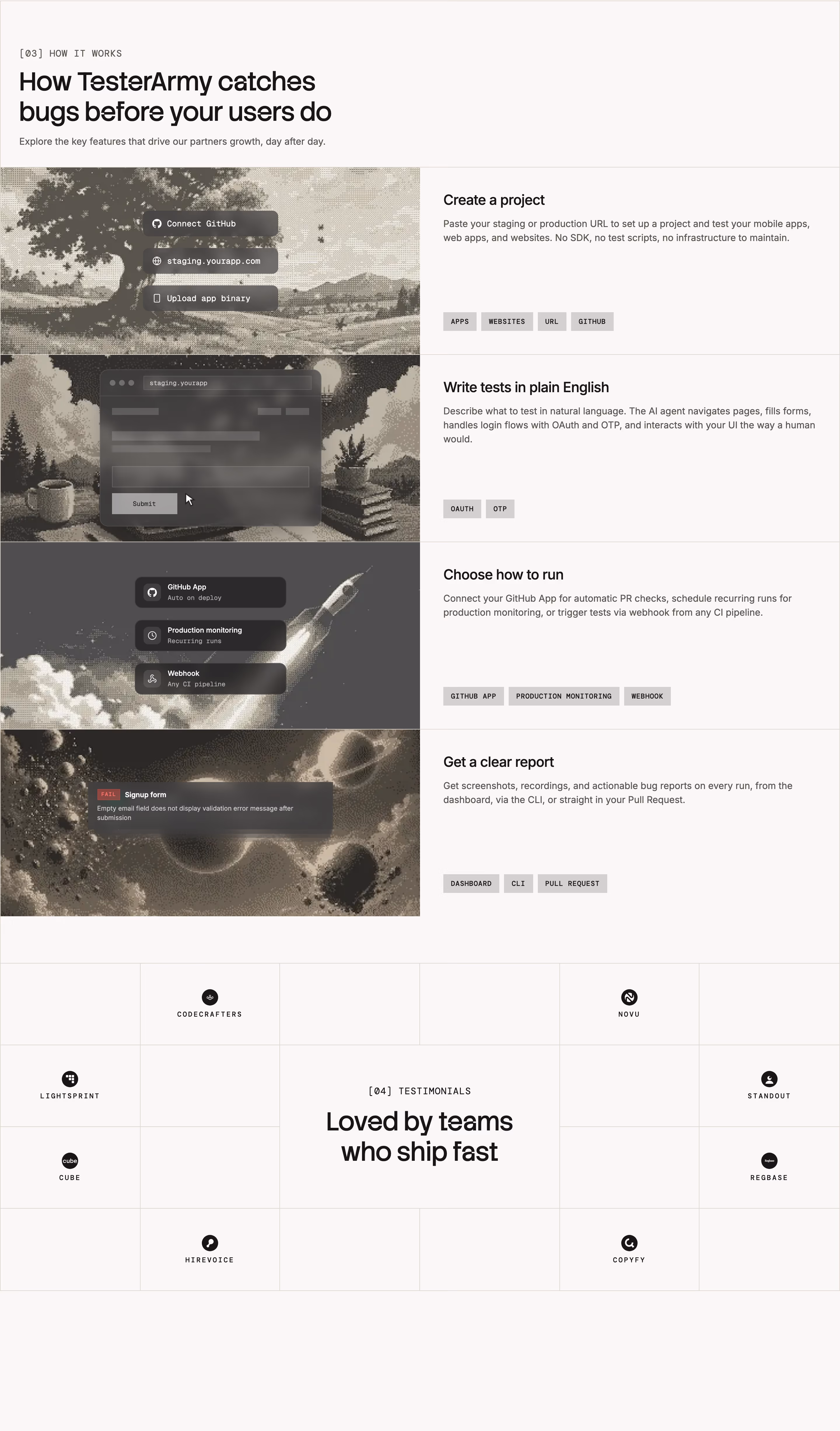 Tester Features section design