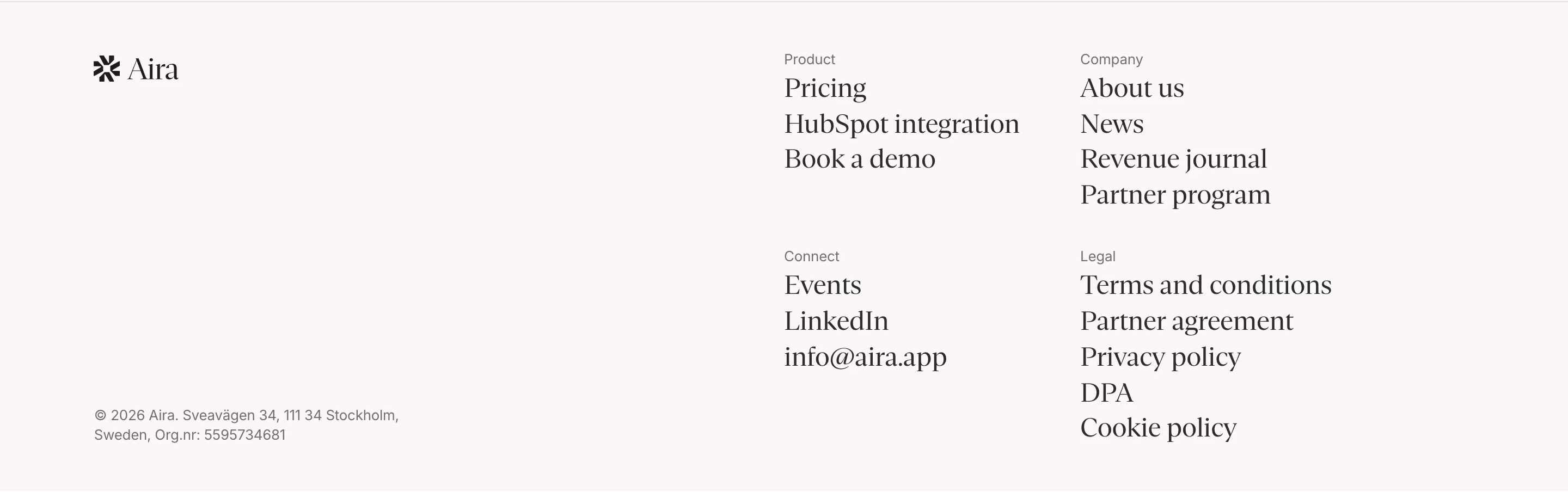 Aira Footers section design
