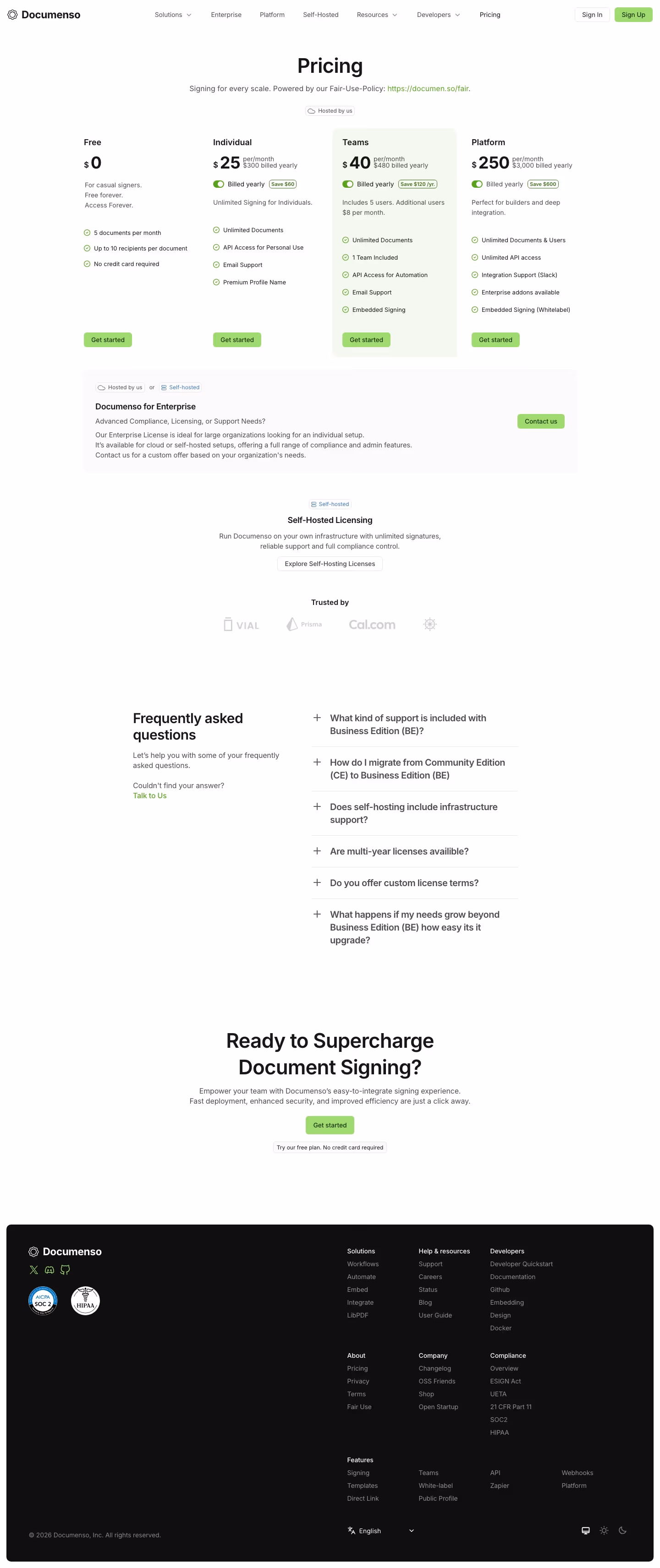 Documenso Pricing & Plans section design