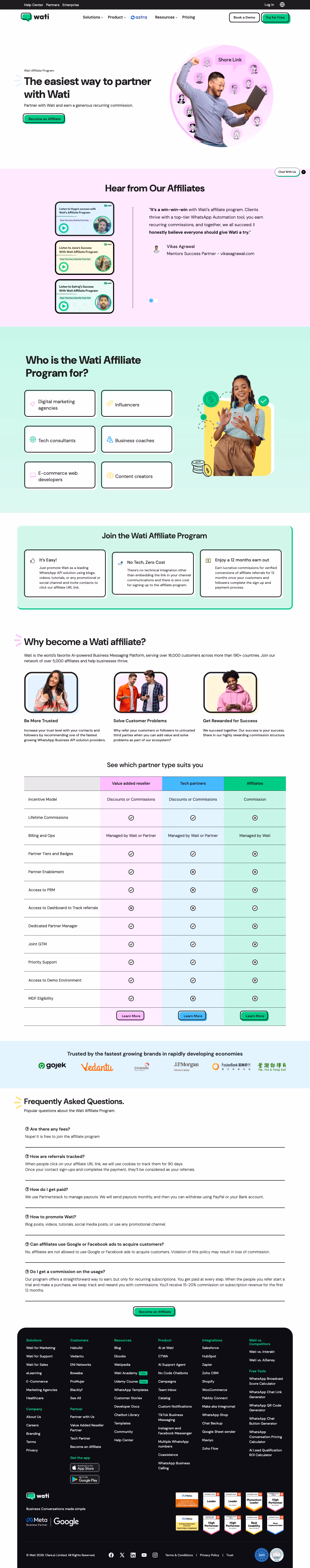 Wati Affiliate pages section design