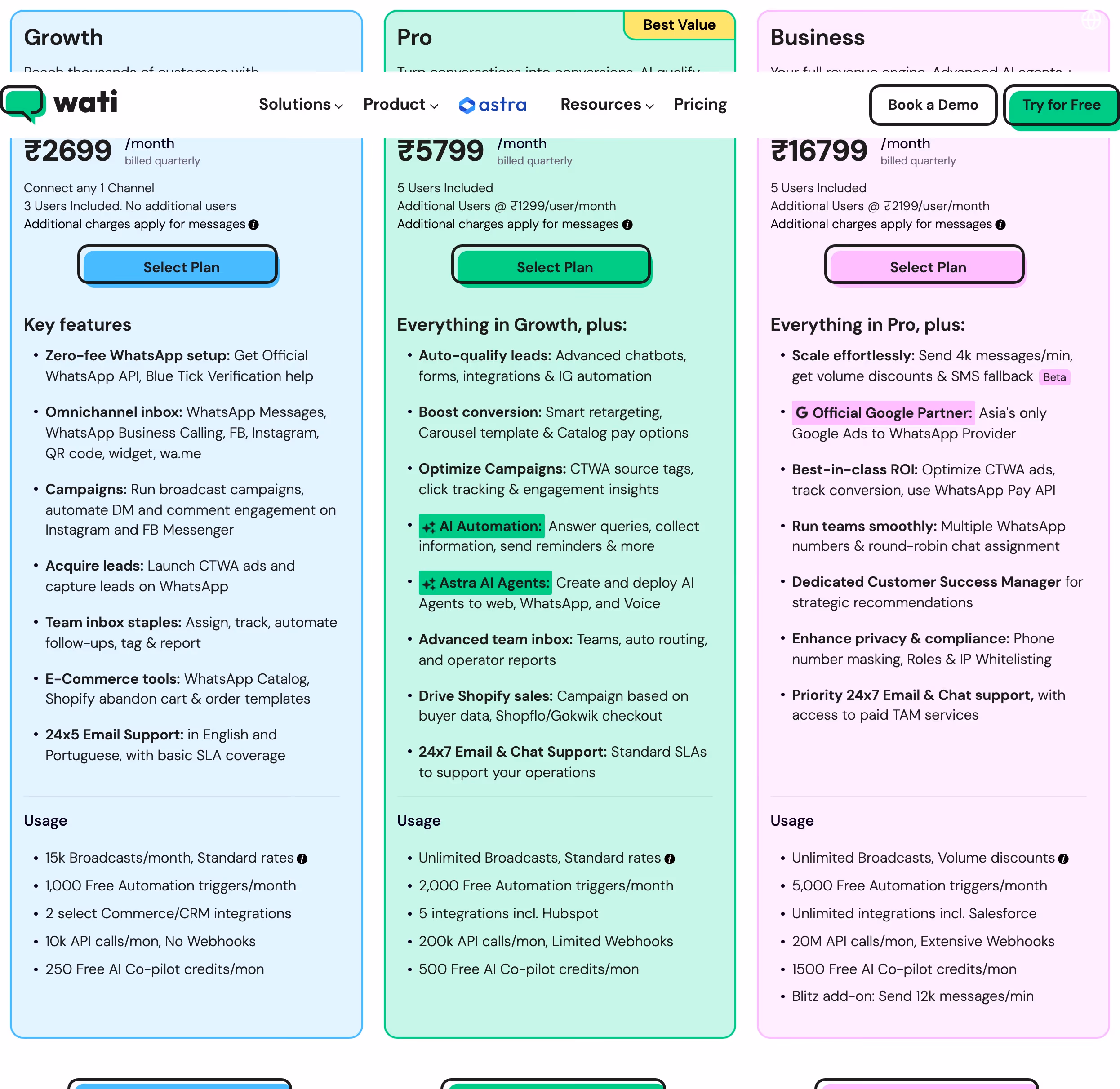 Wati Pricing section design