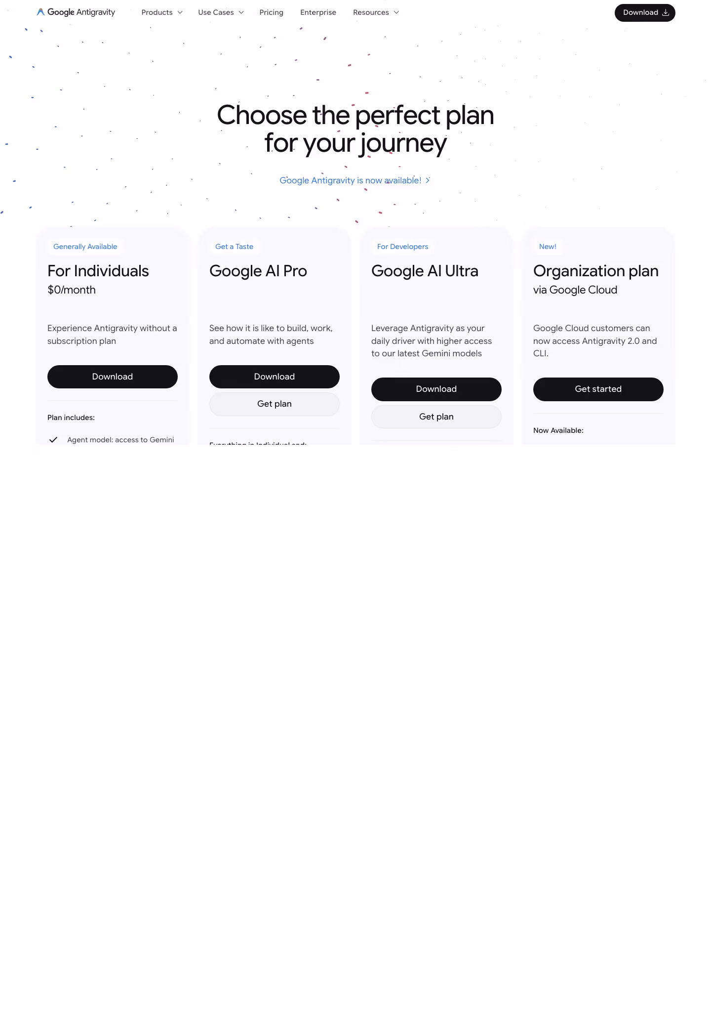 Antigravity Pricing & Plans section design