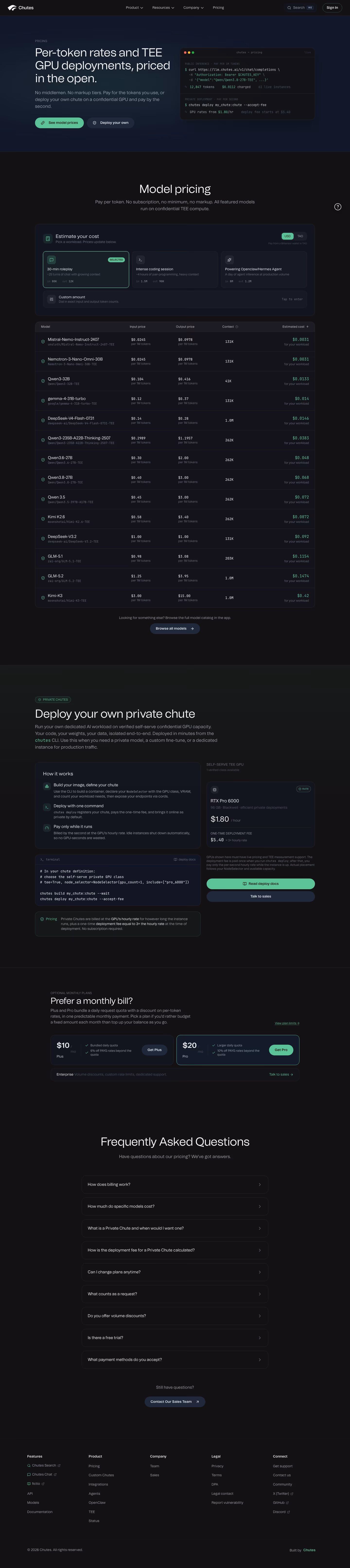 Chutes Pricing & Plans section design