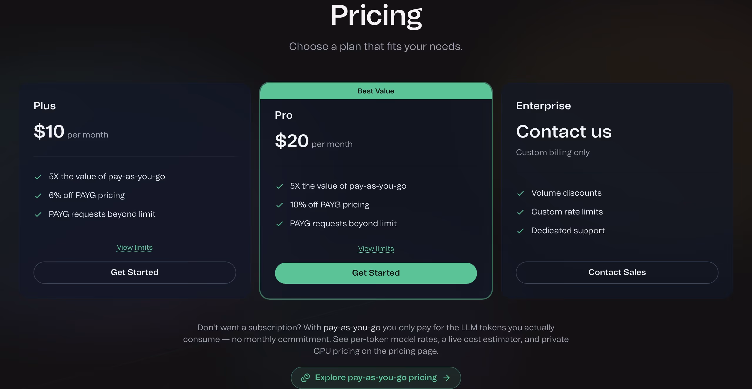 Chutes Pricing section design