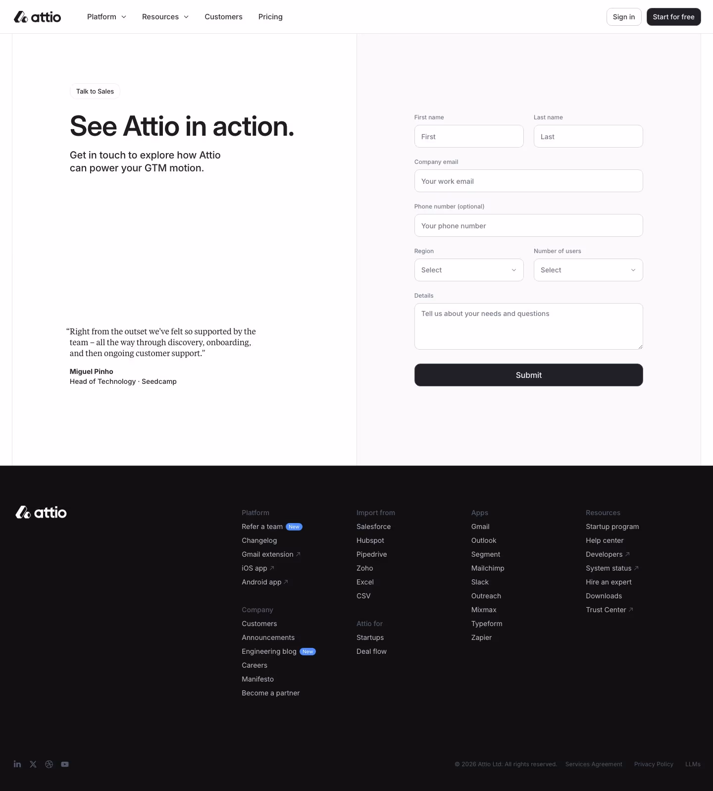 Attio contact us design — Sales & Support