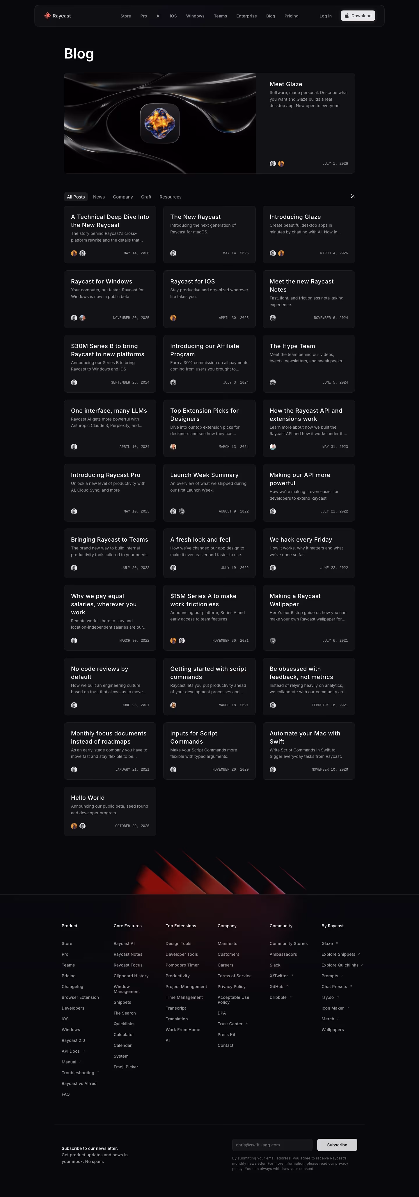 Raycast Blog pages section design