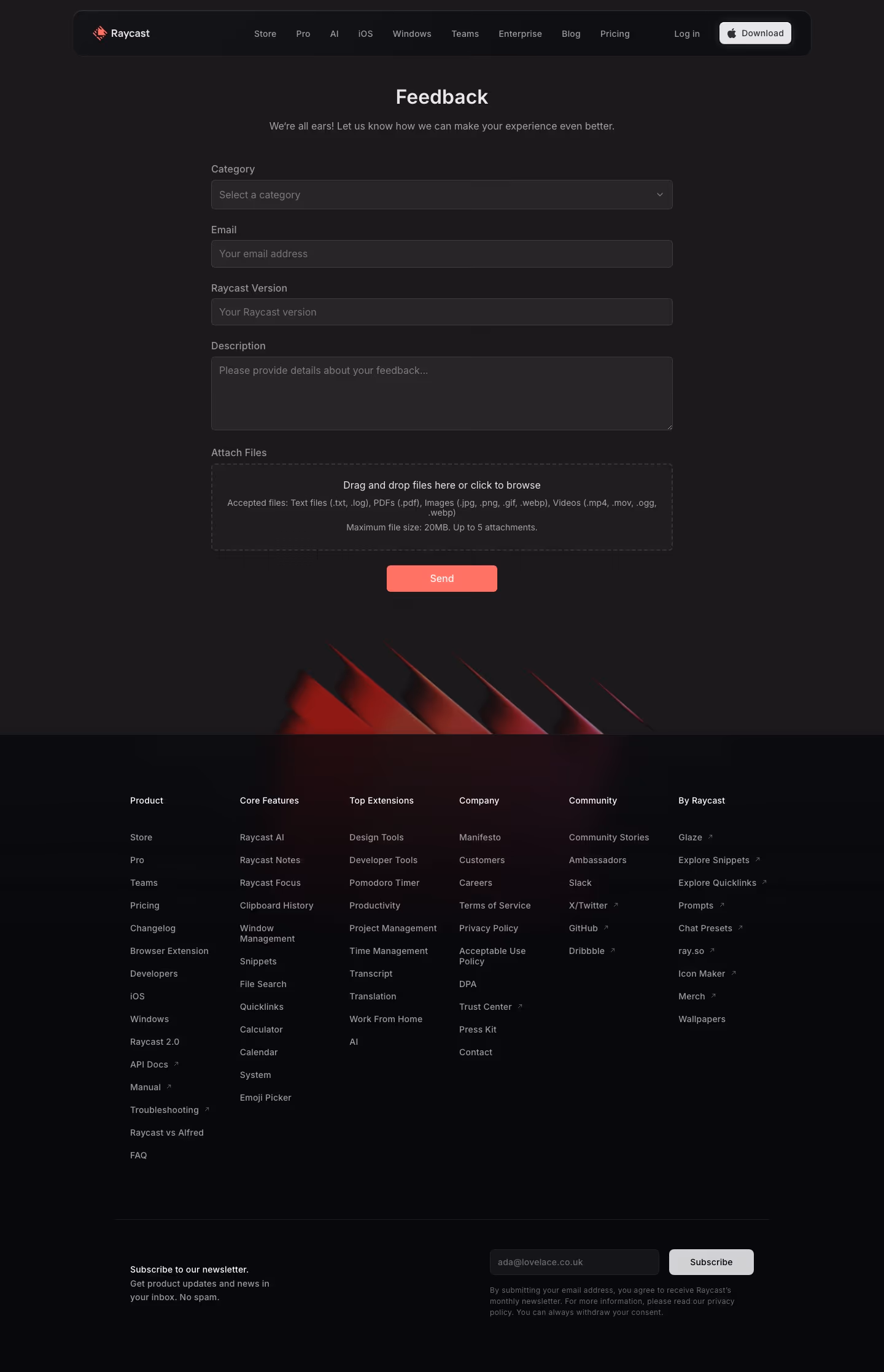 Raycast Contact Us section design