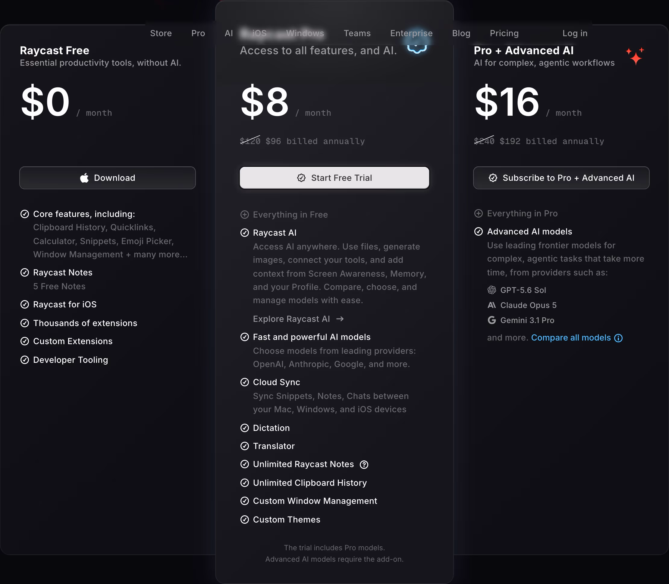 Raycast Pricing section design