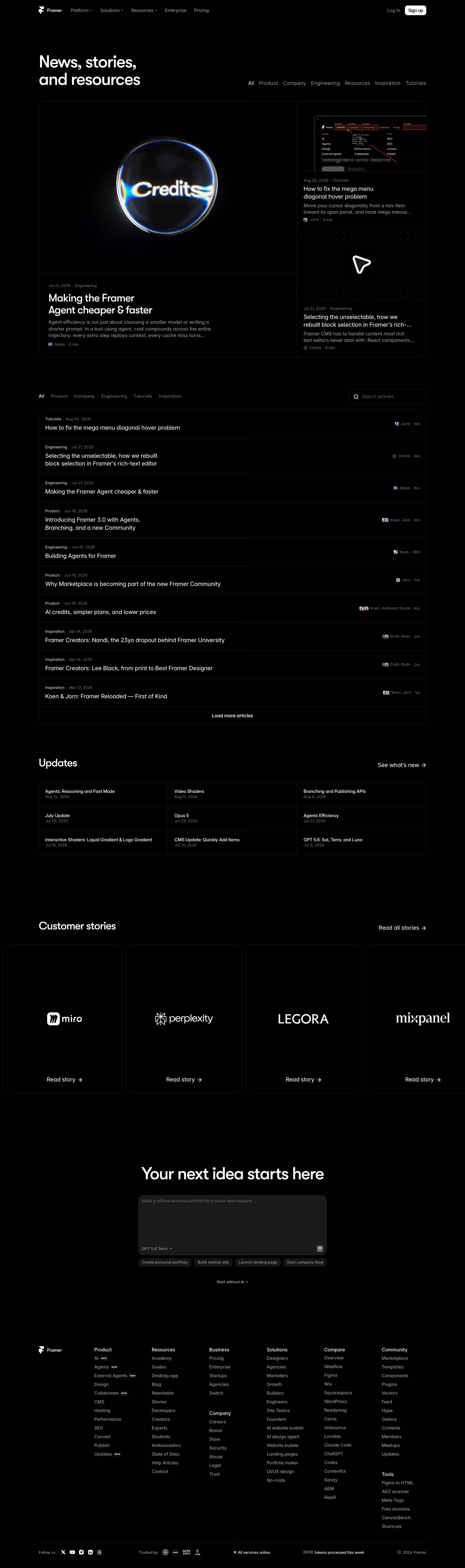 Framer Blog pages section design