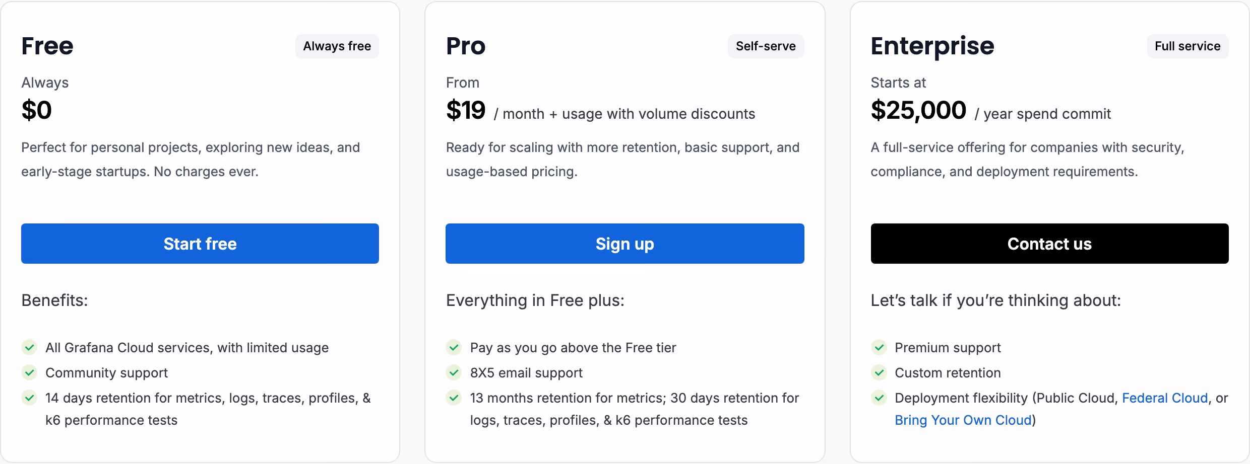 Grafana Pricing section design