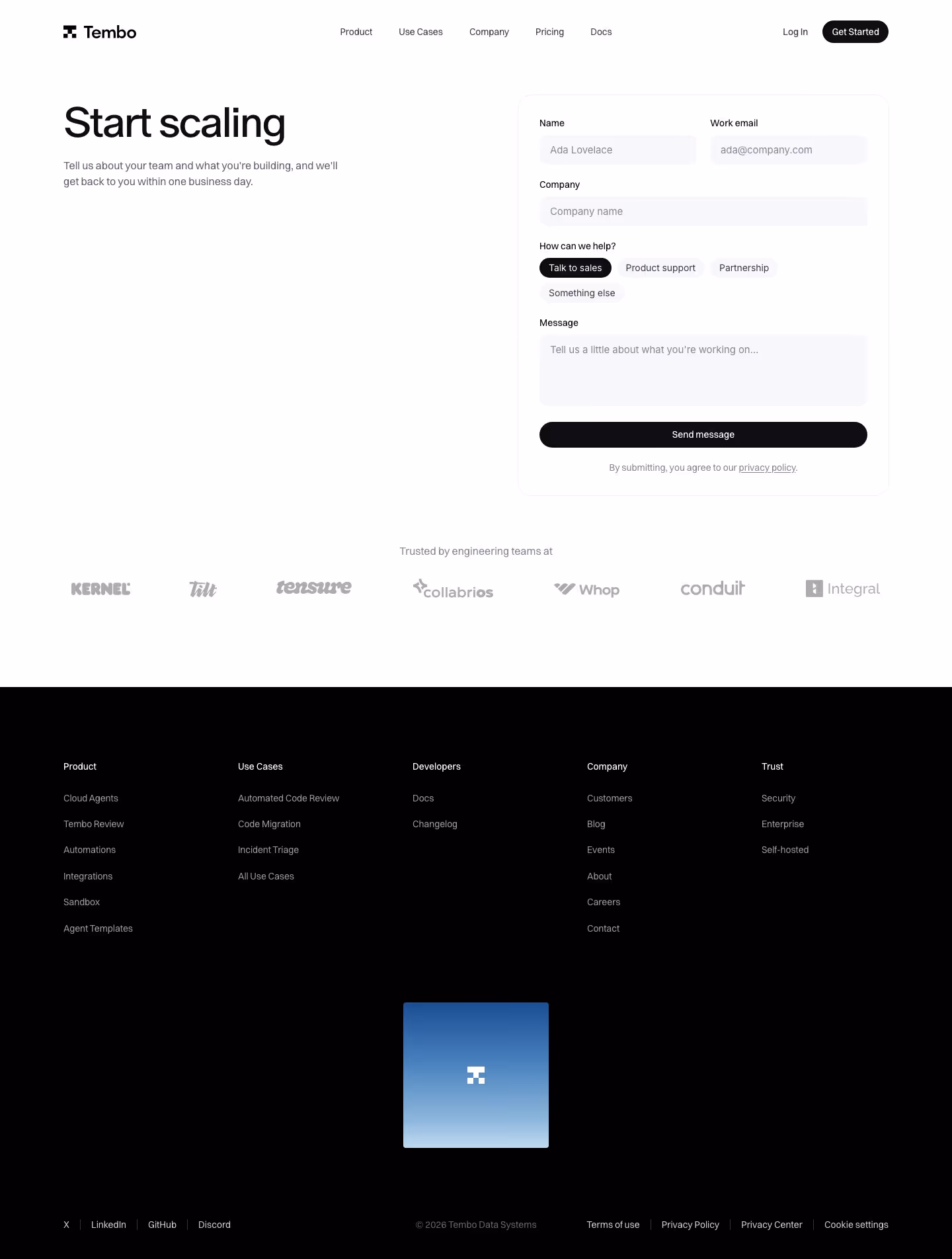 Tembo Contact Us section design