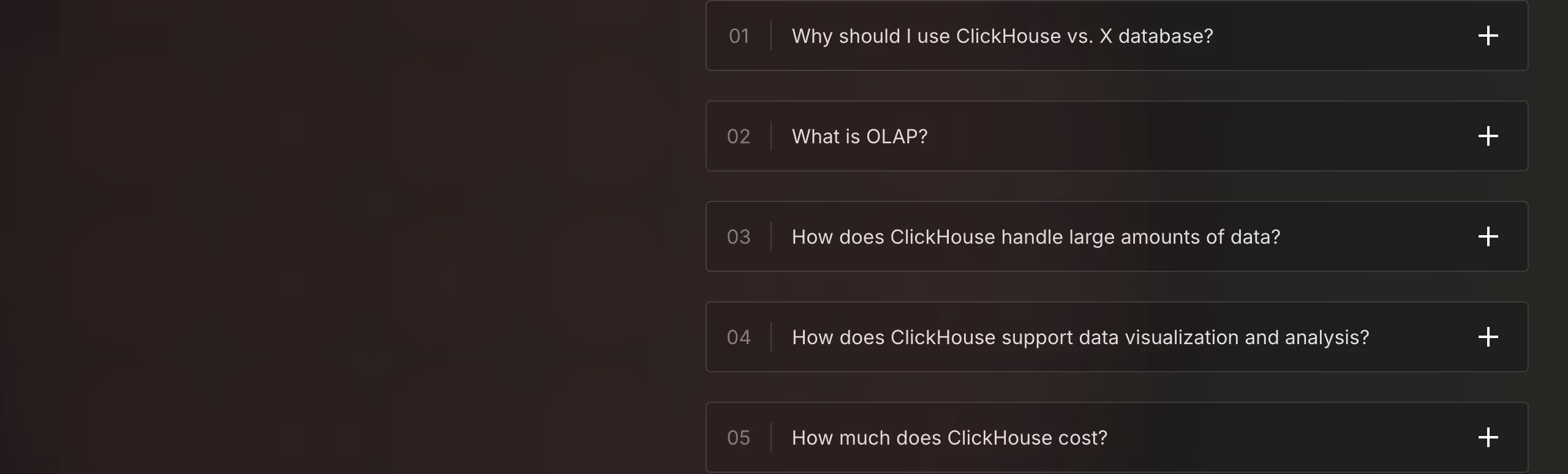 Clickhouse FAQs section design