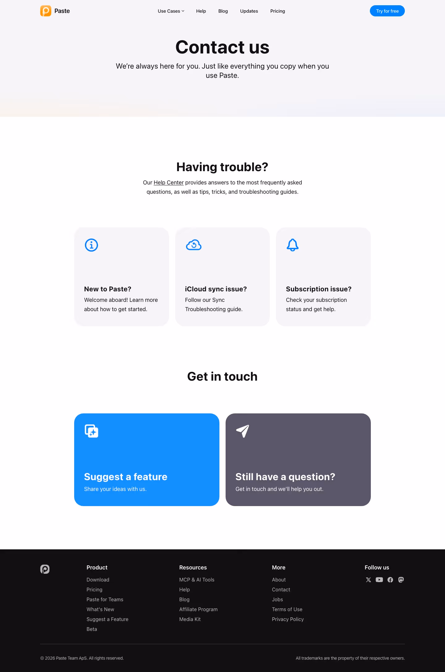 Pasteapp Contact Us section design