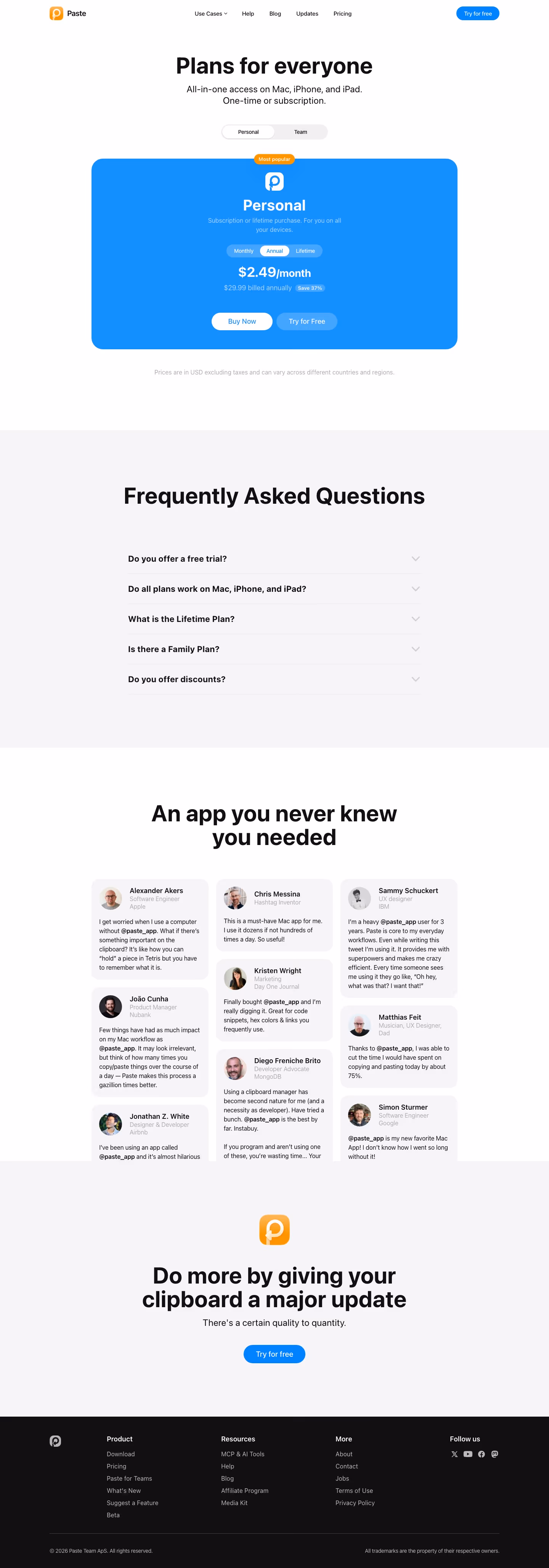 Pasteapp Pricing & Plans section design