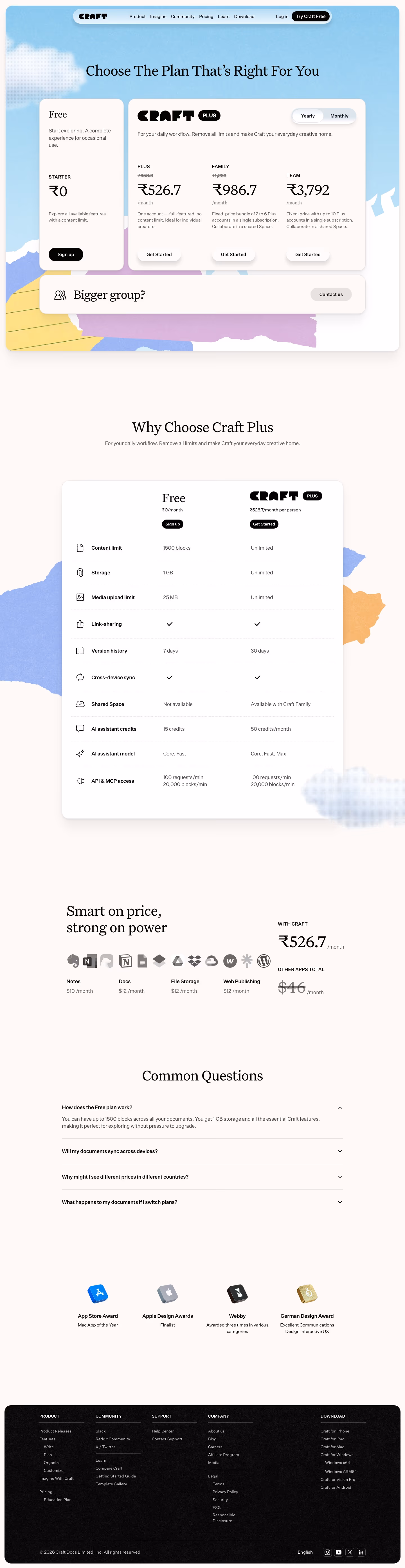 Craft Pricing & Plans section design