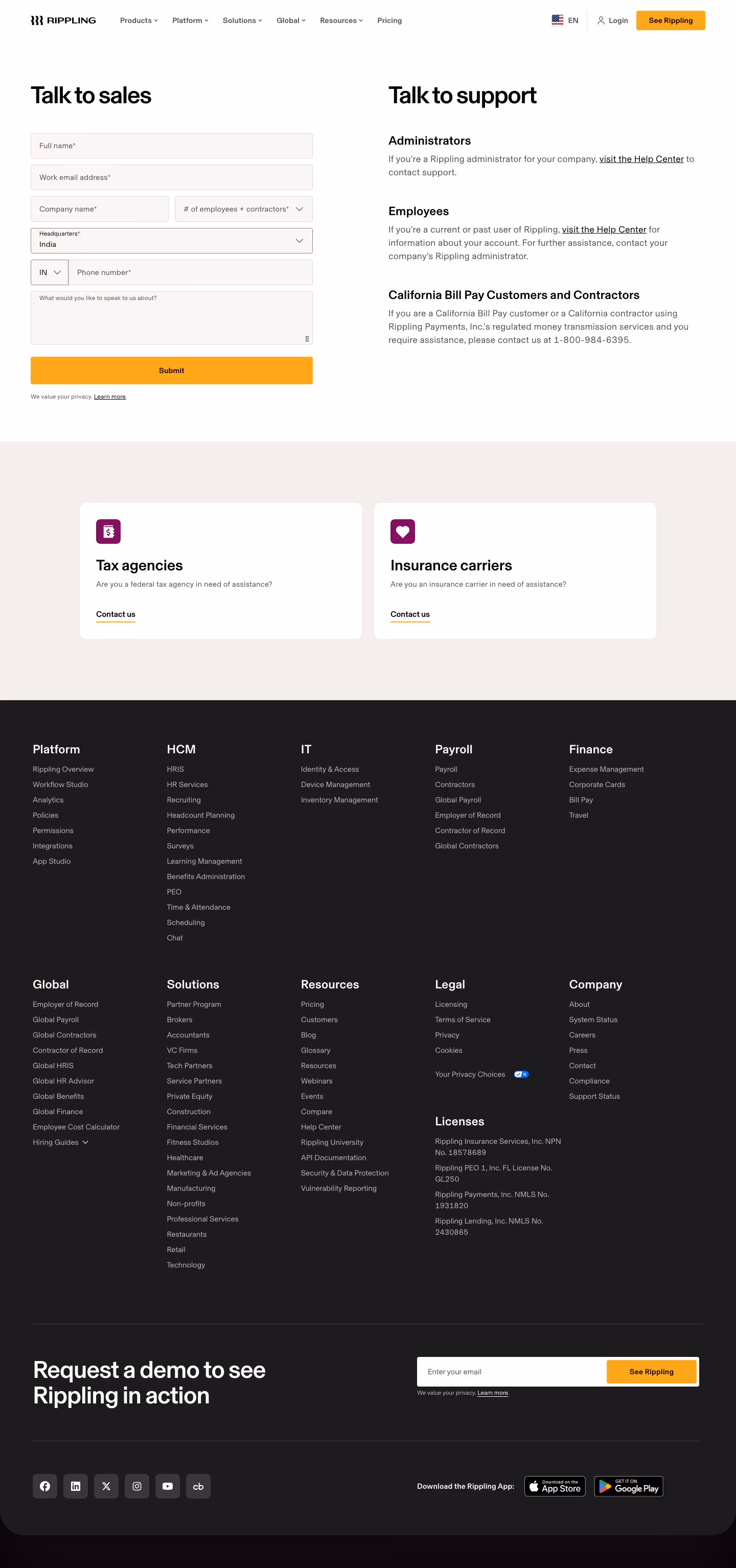 Rippling Contact Us section design