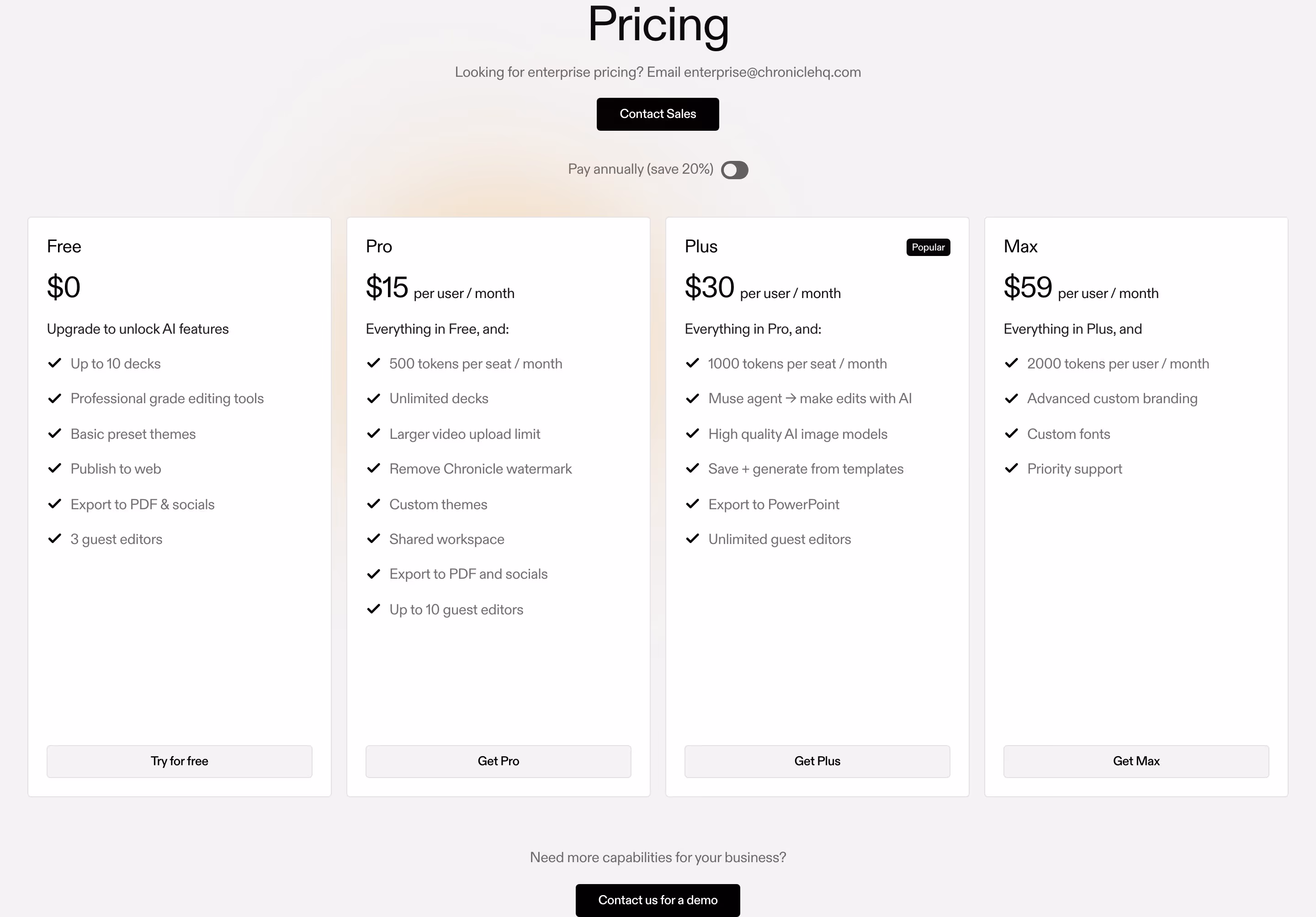 Chronicle Pricing section design