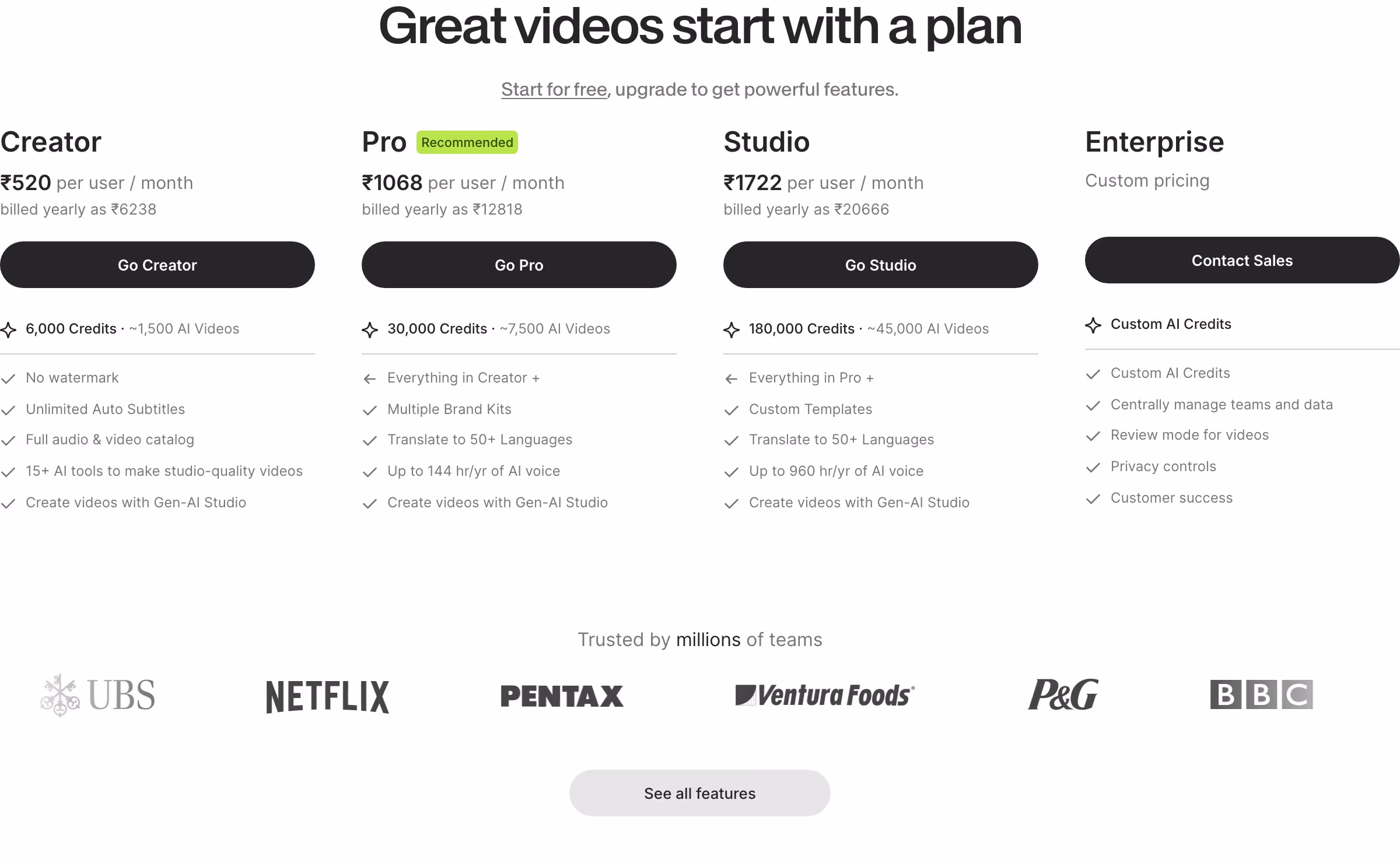 Veed Pricing section design
