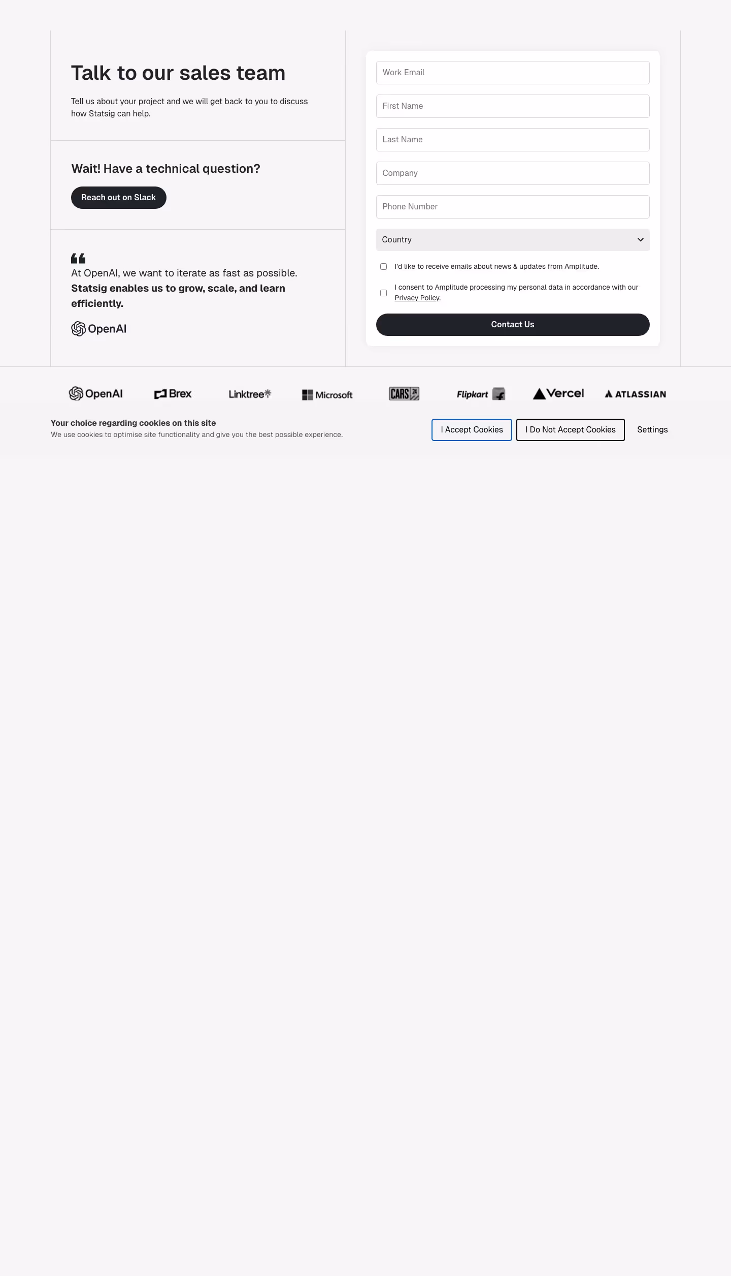 Statsig Contact Us section design