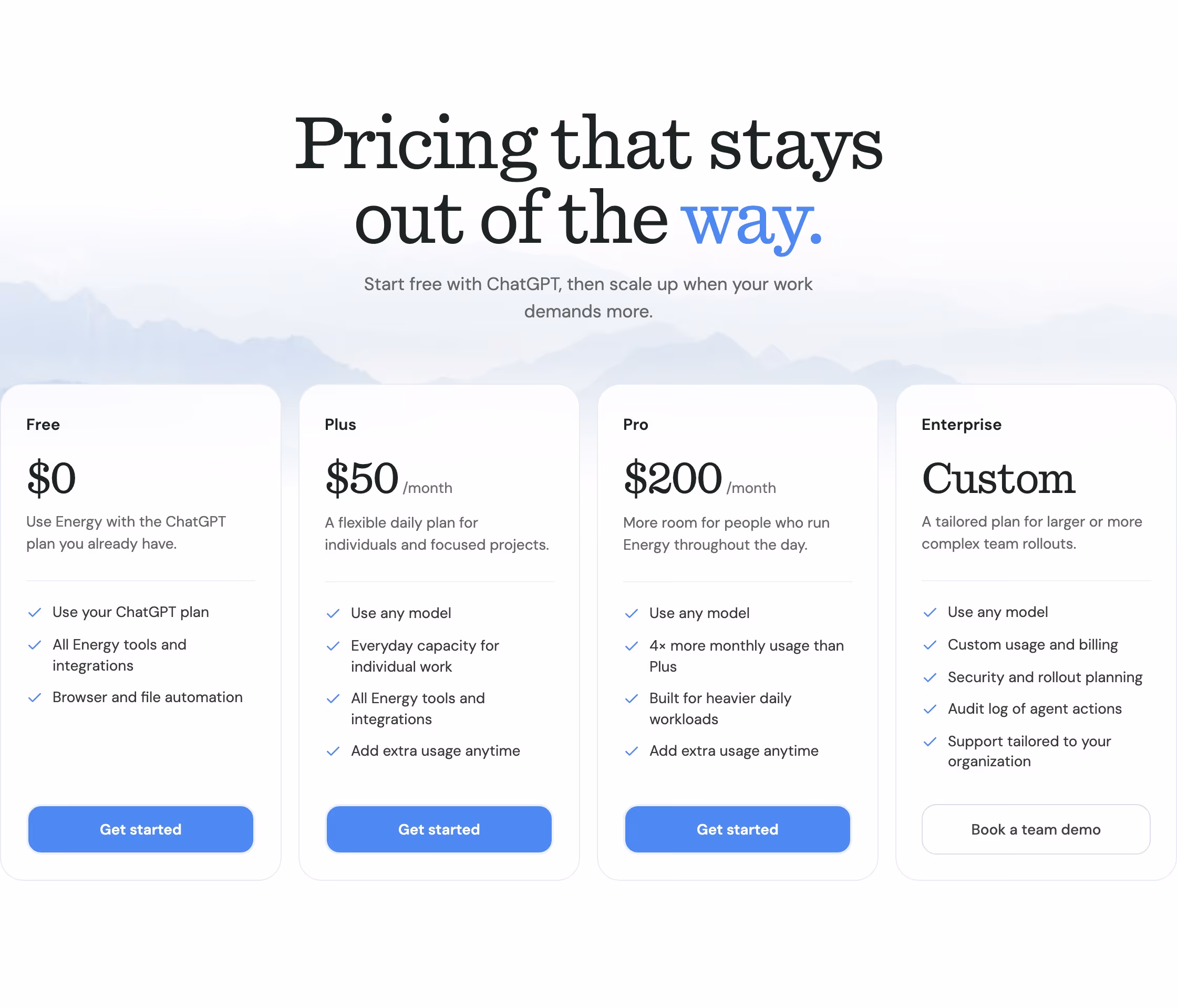 Getenergy Pricing section design