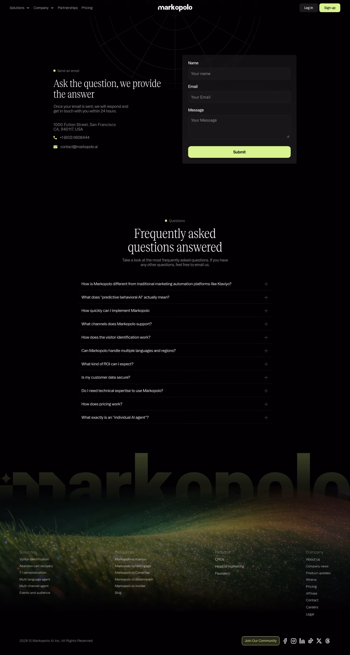 Markopolo Contact Us section design