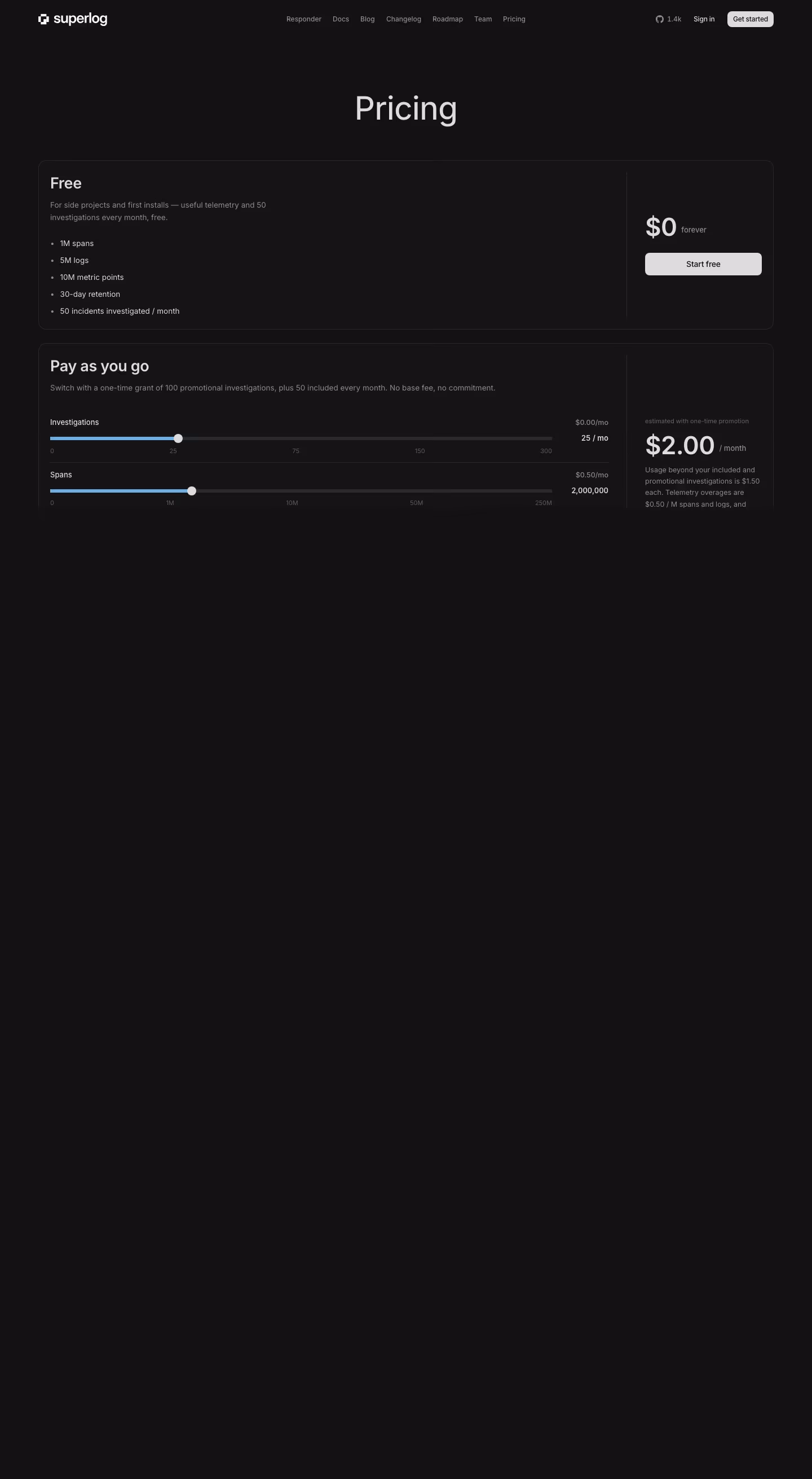 Superlog Pricing & Plans section design