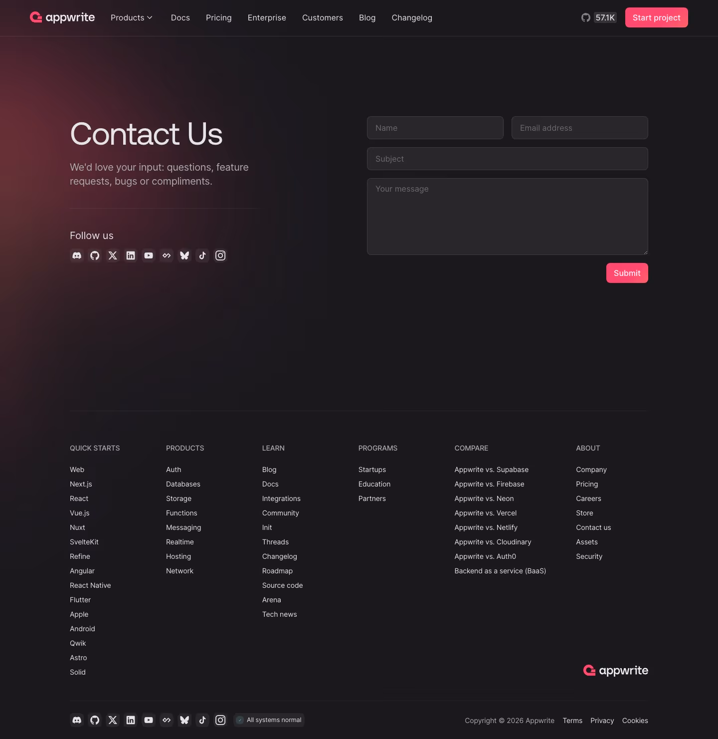 Appwrite Contact Us section design