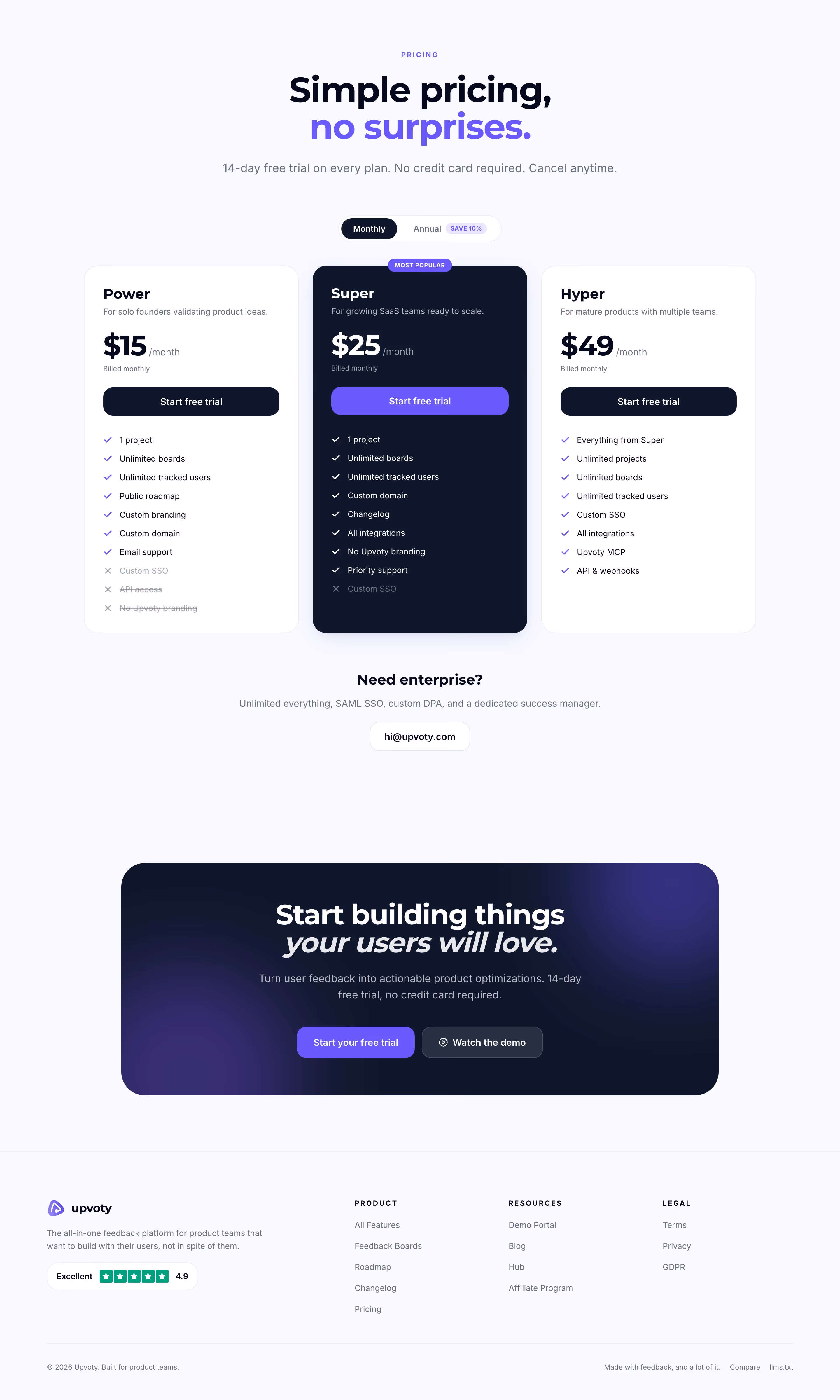 Upvoty Pricing section design