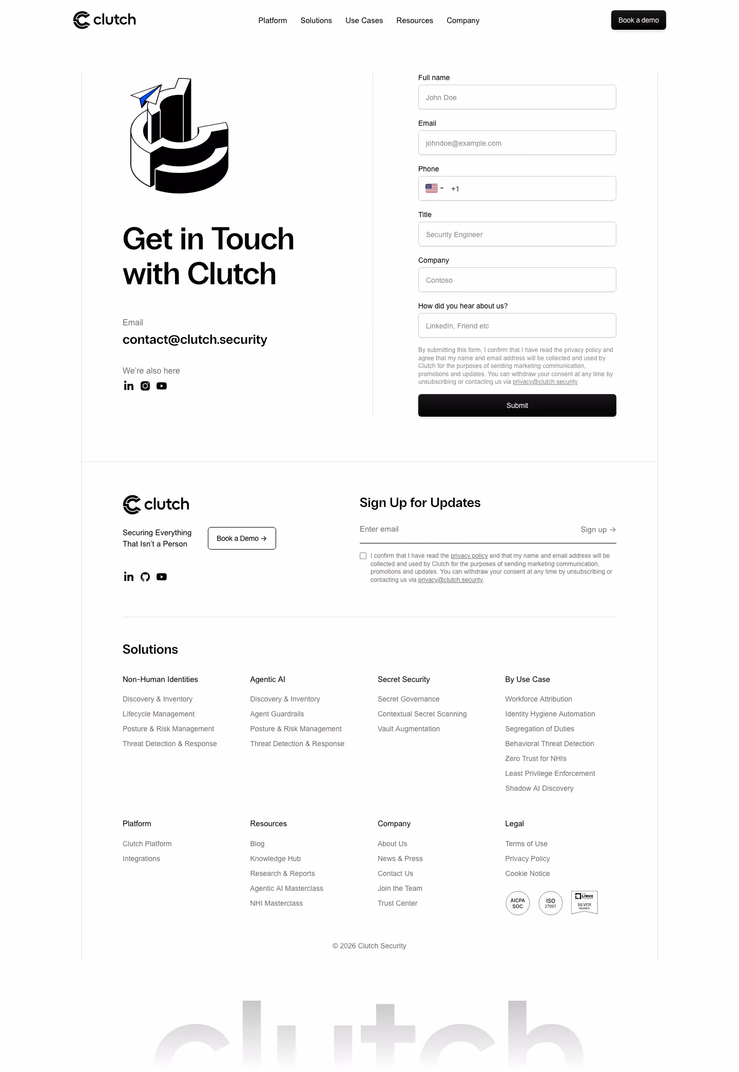 Clutch Security Contact Us section design