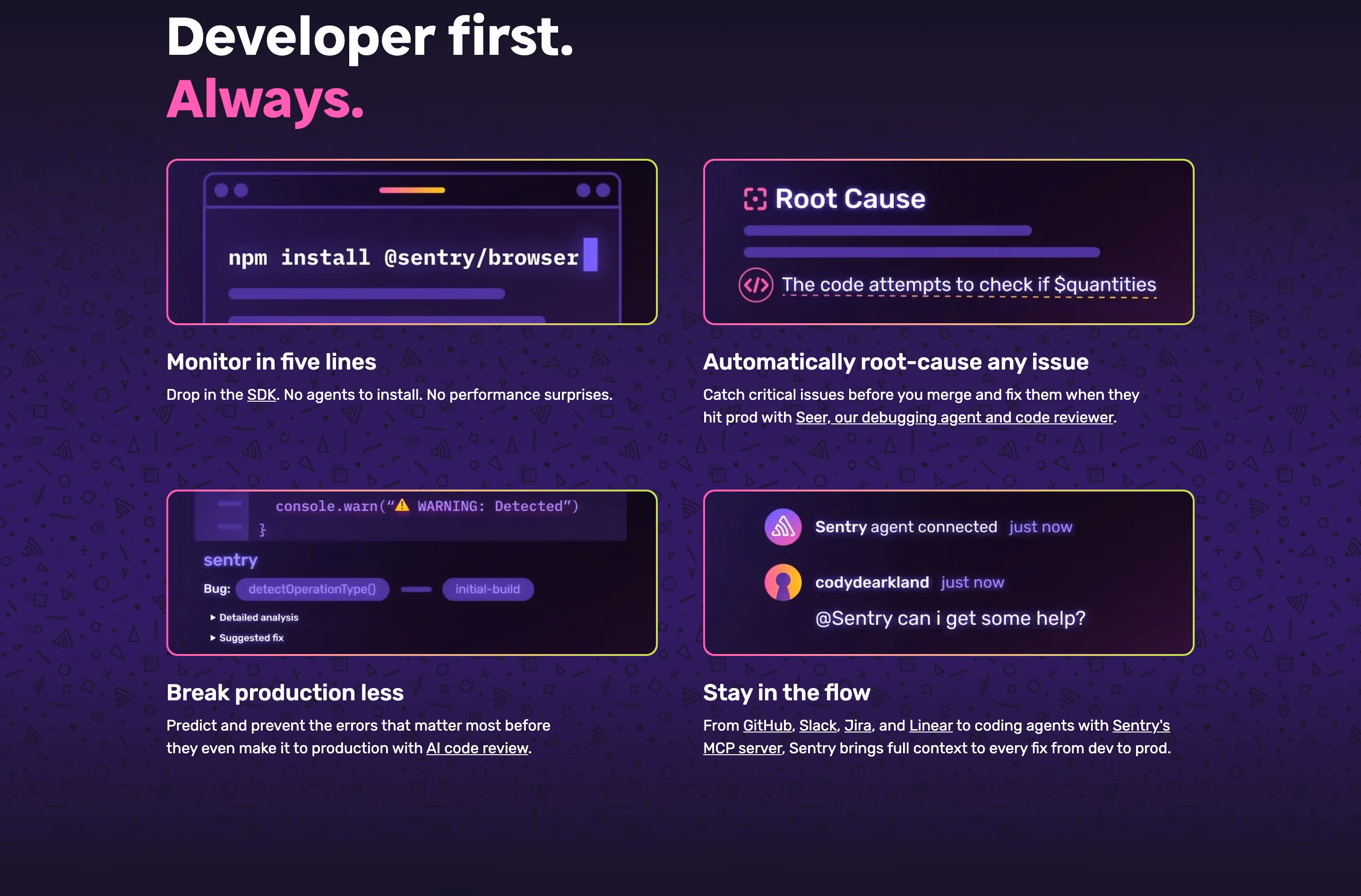 Sentry Features section design