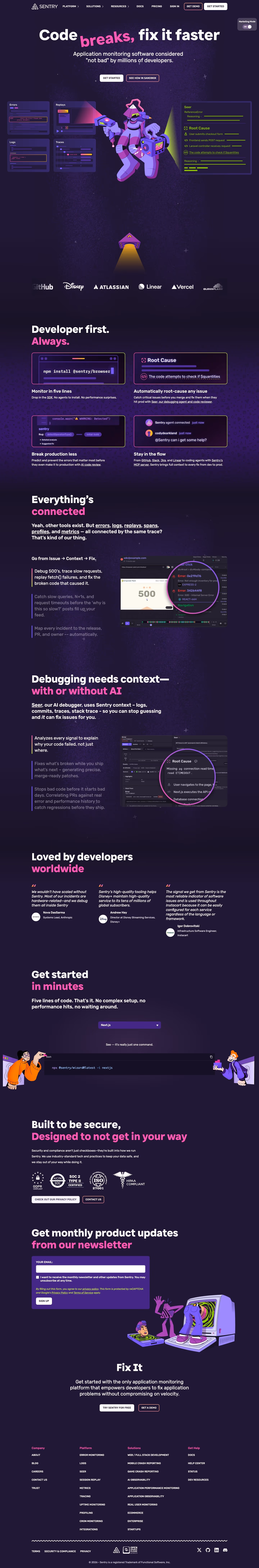 Sentry landing page design — Infrastructure