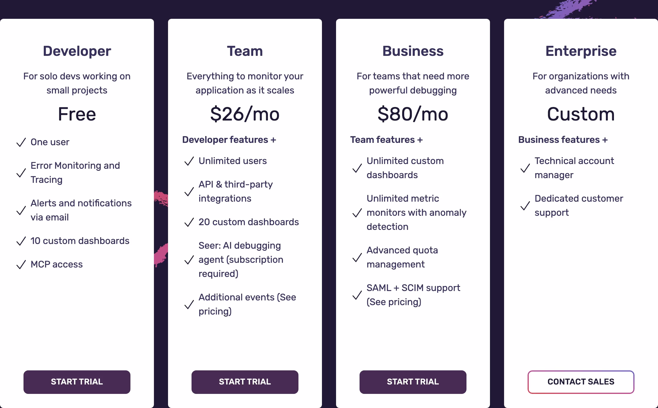 Sentry Pricing section design