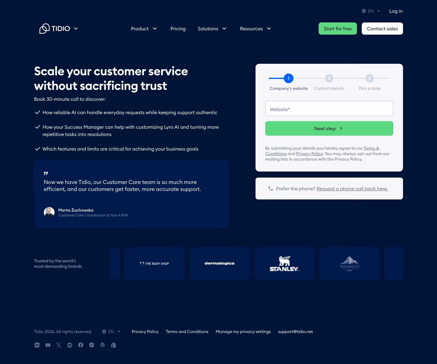 Tidio Contact Us section design
