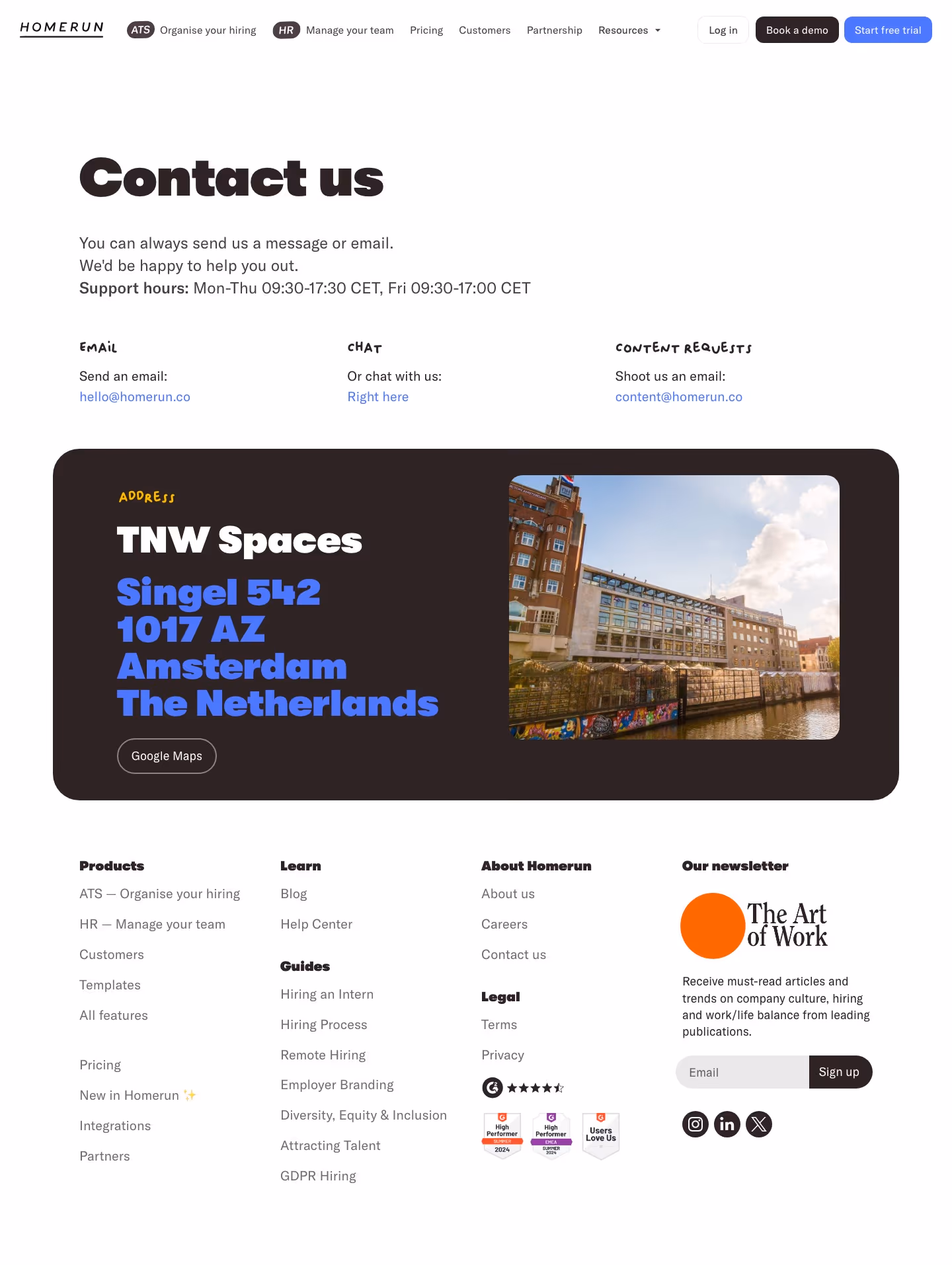 Homerun Contact Us section design