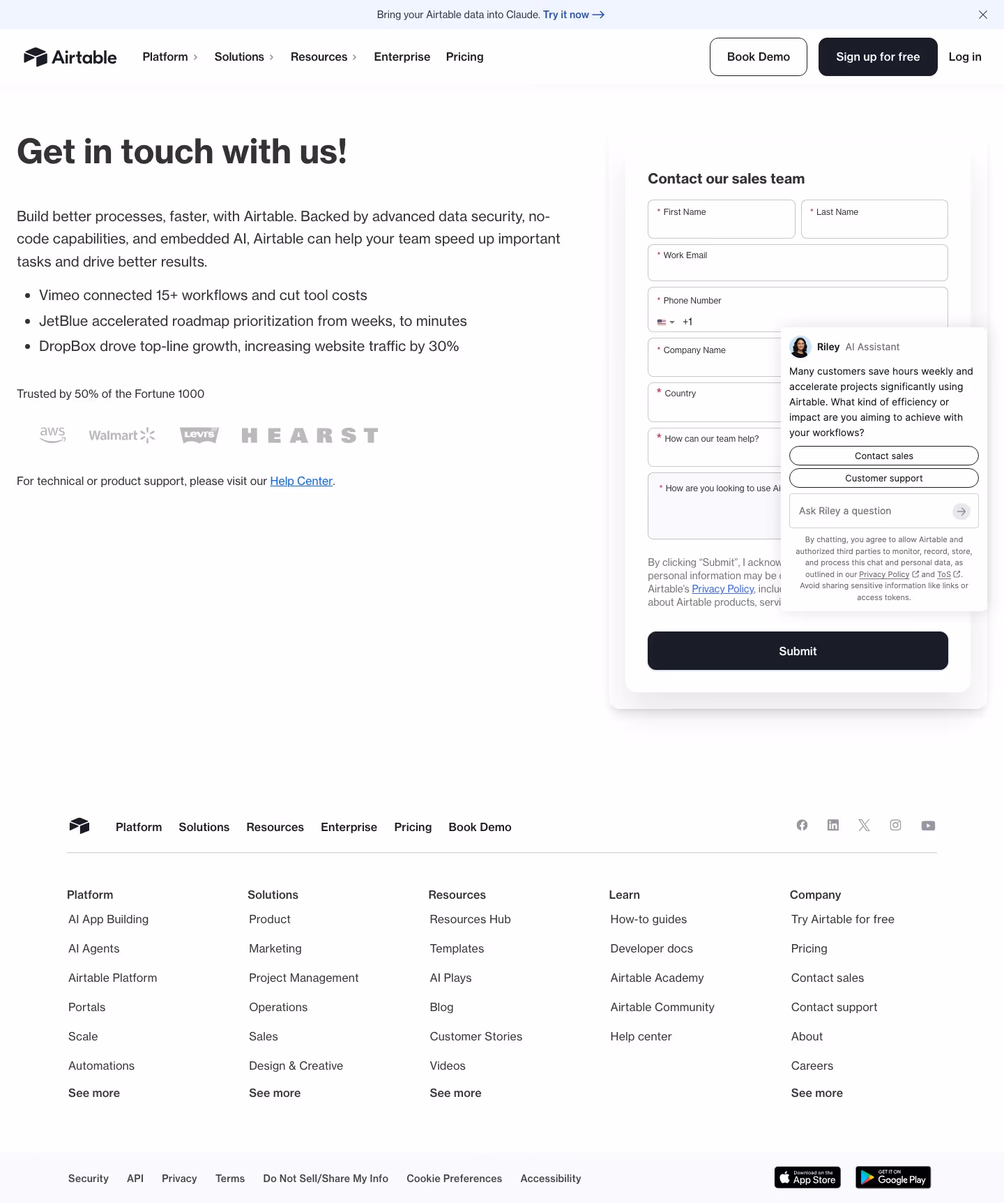 Airtable Contact Us section design