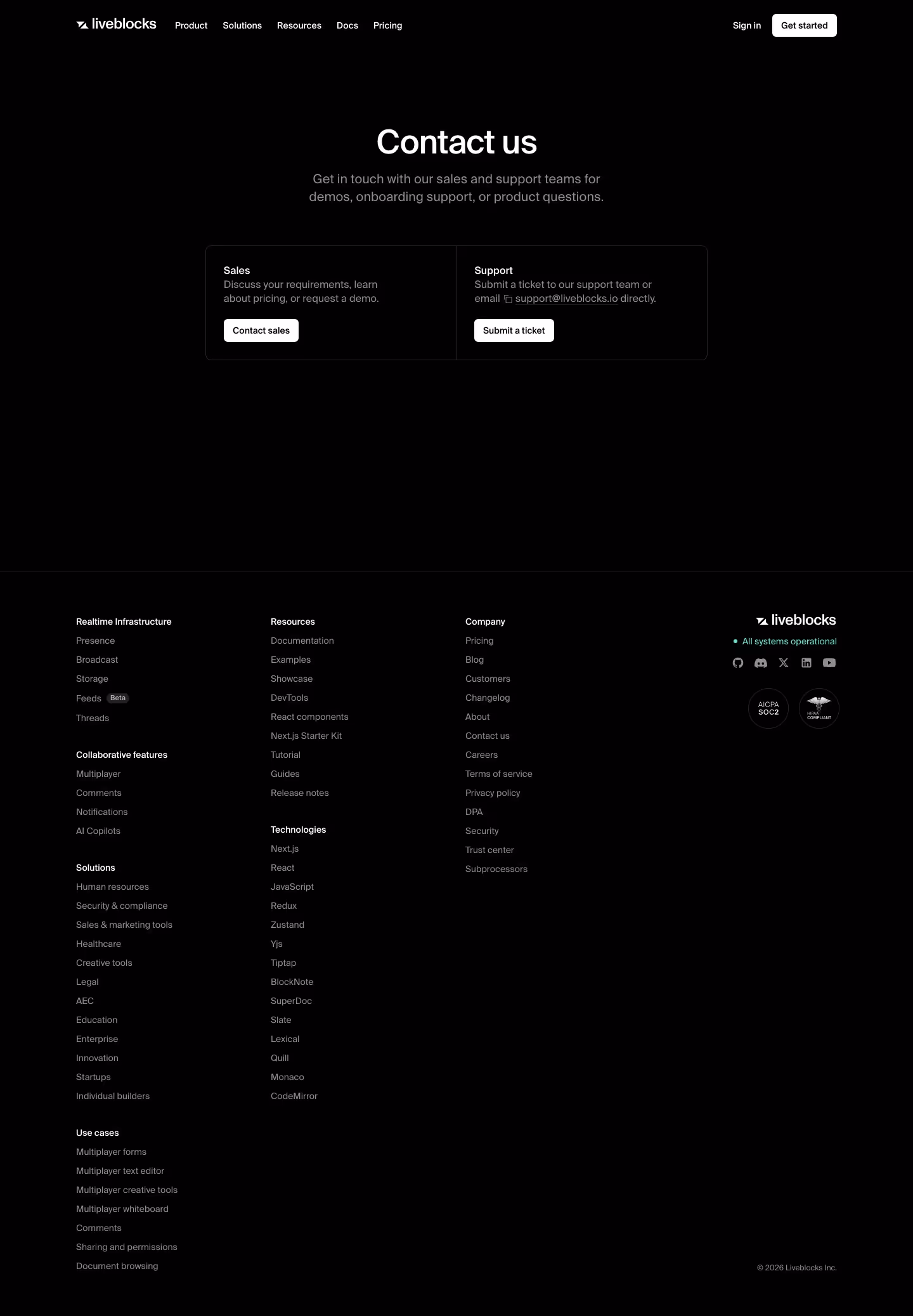 Liveblocks Contact Us section design