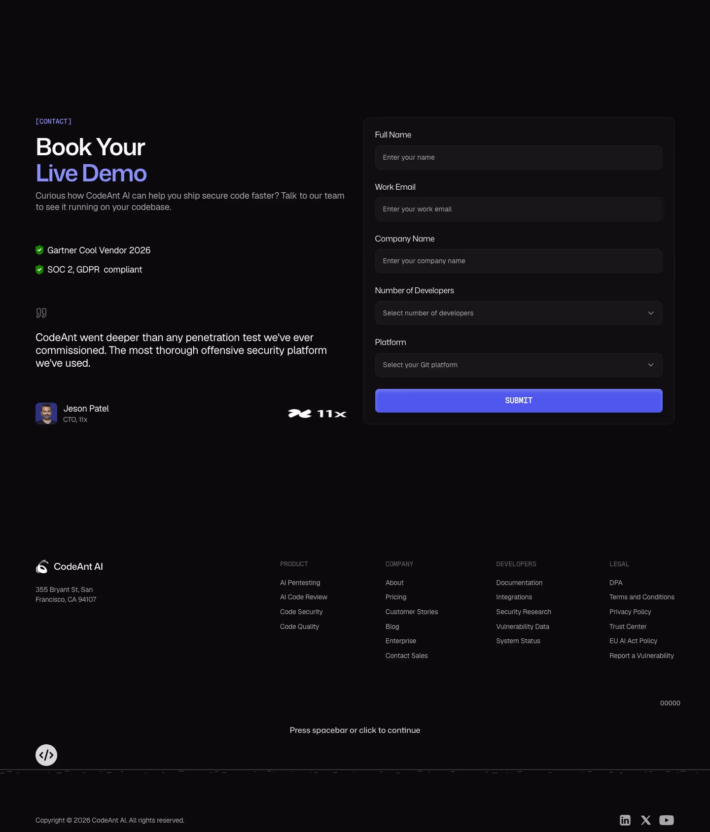 Codeant Contact Us section design