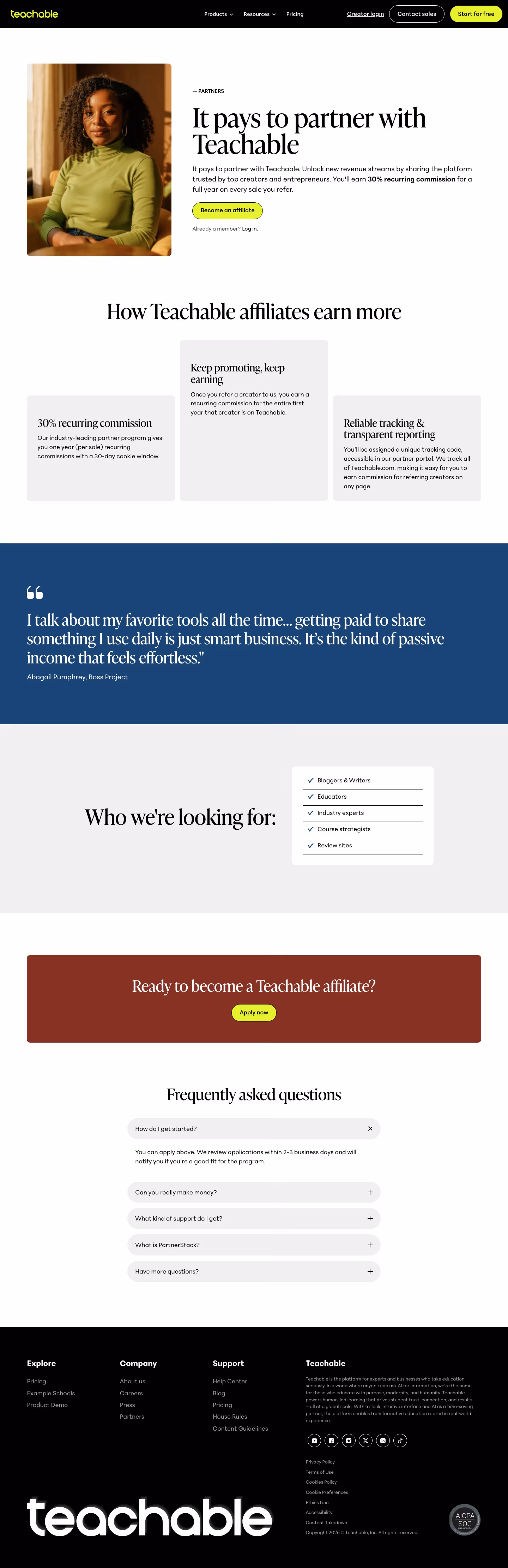 Teachable Affiliate pages section design