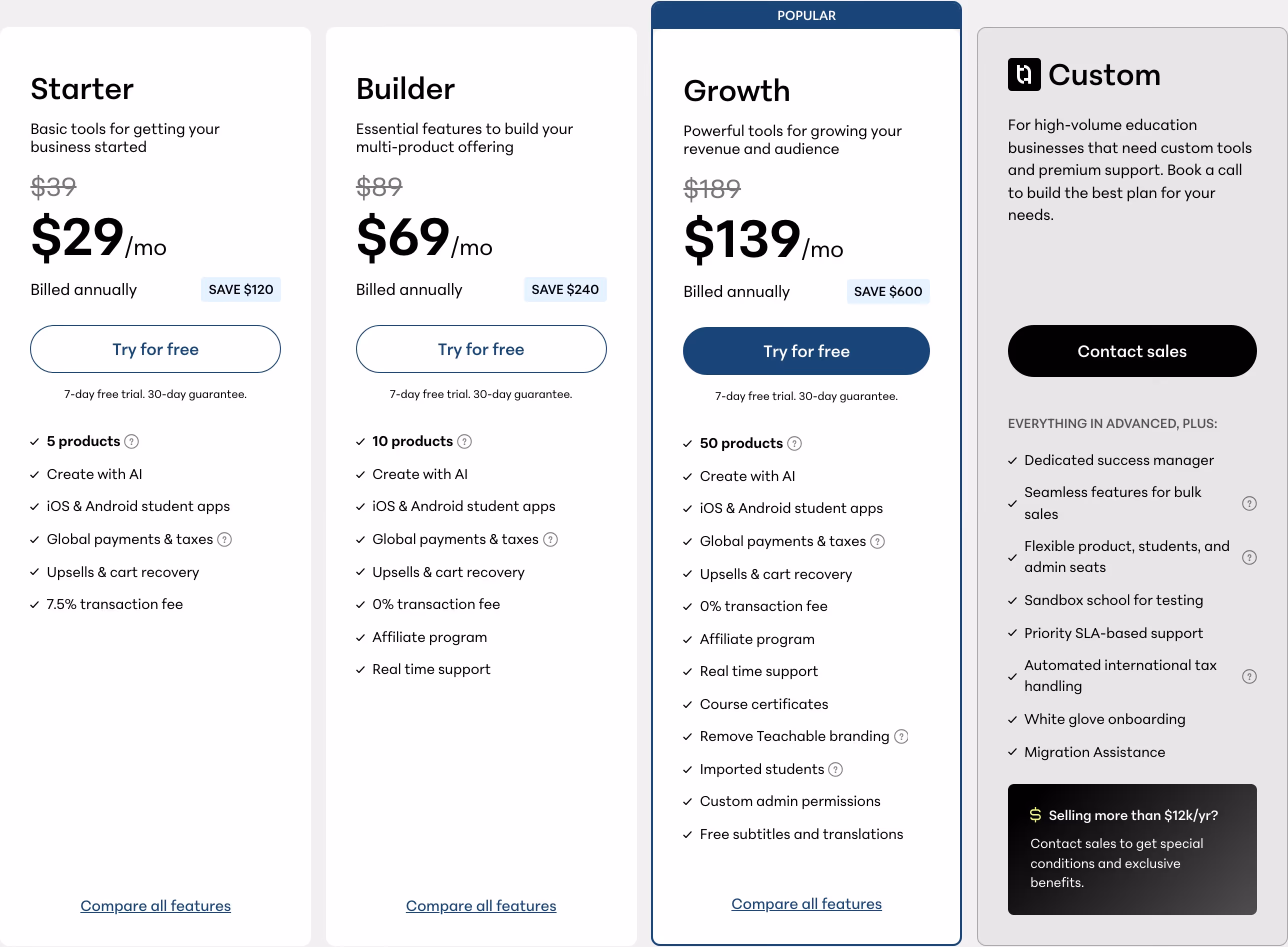 Teachable Pricing section design