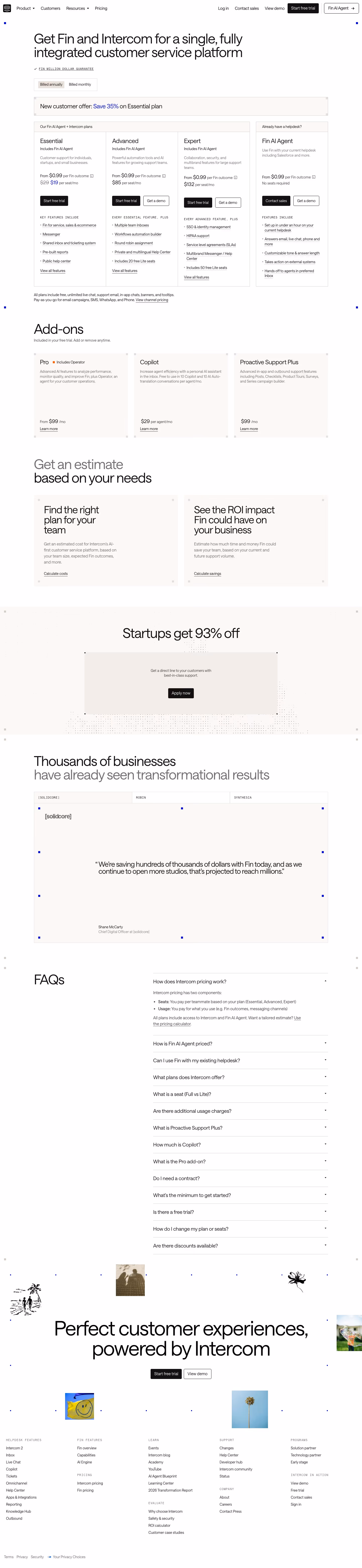 Intercom Pricing & Plans section design