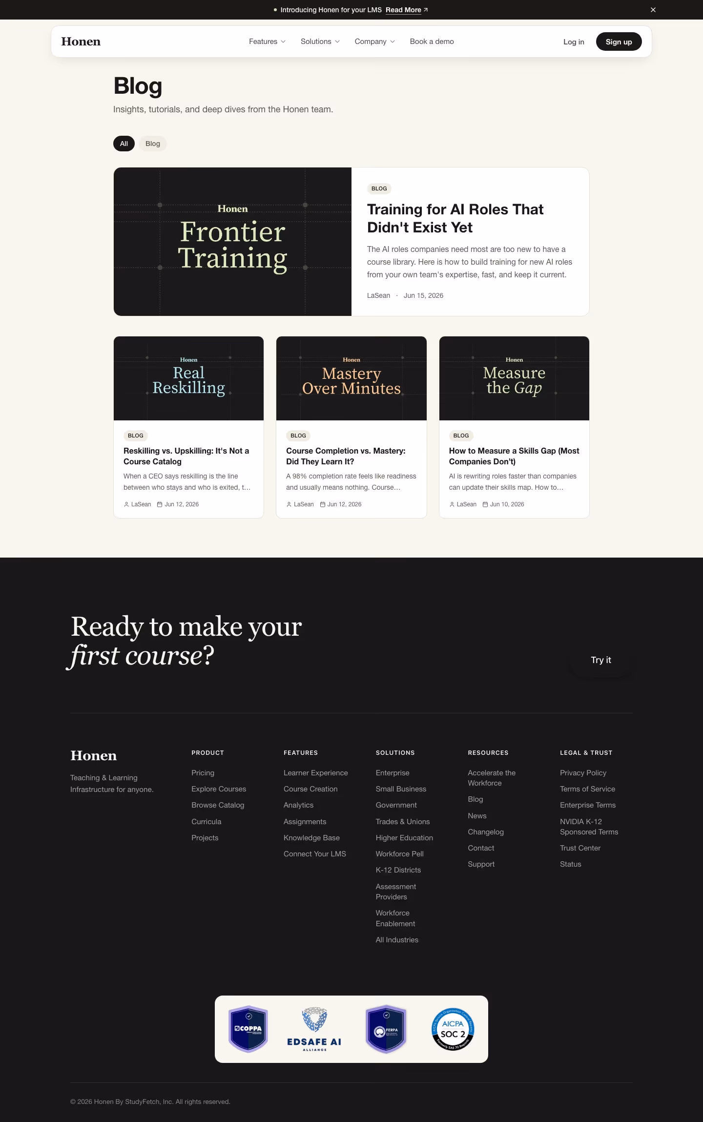 Honen Blog pages section design